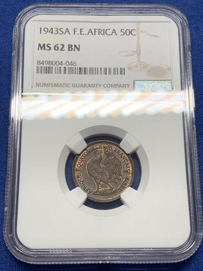 《竞宝斋》第407场 周日，周一，2场连拍 （全场包邮） - NGC MS62BN 法属赤道非洲 1943年 50分红铜币