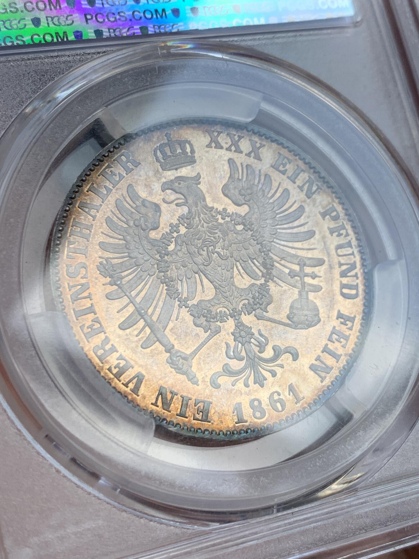 《竞宝斋》第407场 周日，周一，2场连拍 （全场包邮） PCGS MS63 德国 1861年 威廉四世 末年离冠鹰1泰勒 镜面金彩包浆裹身 小特年