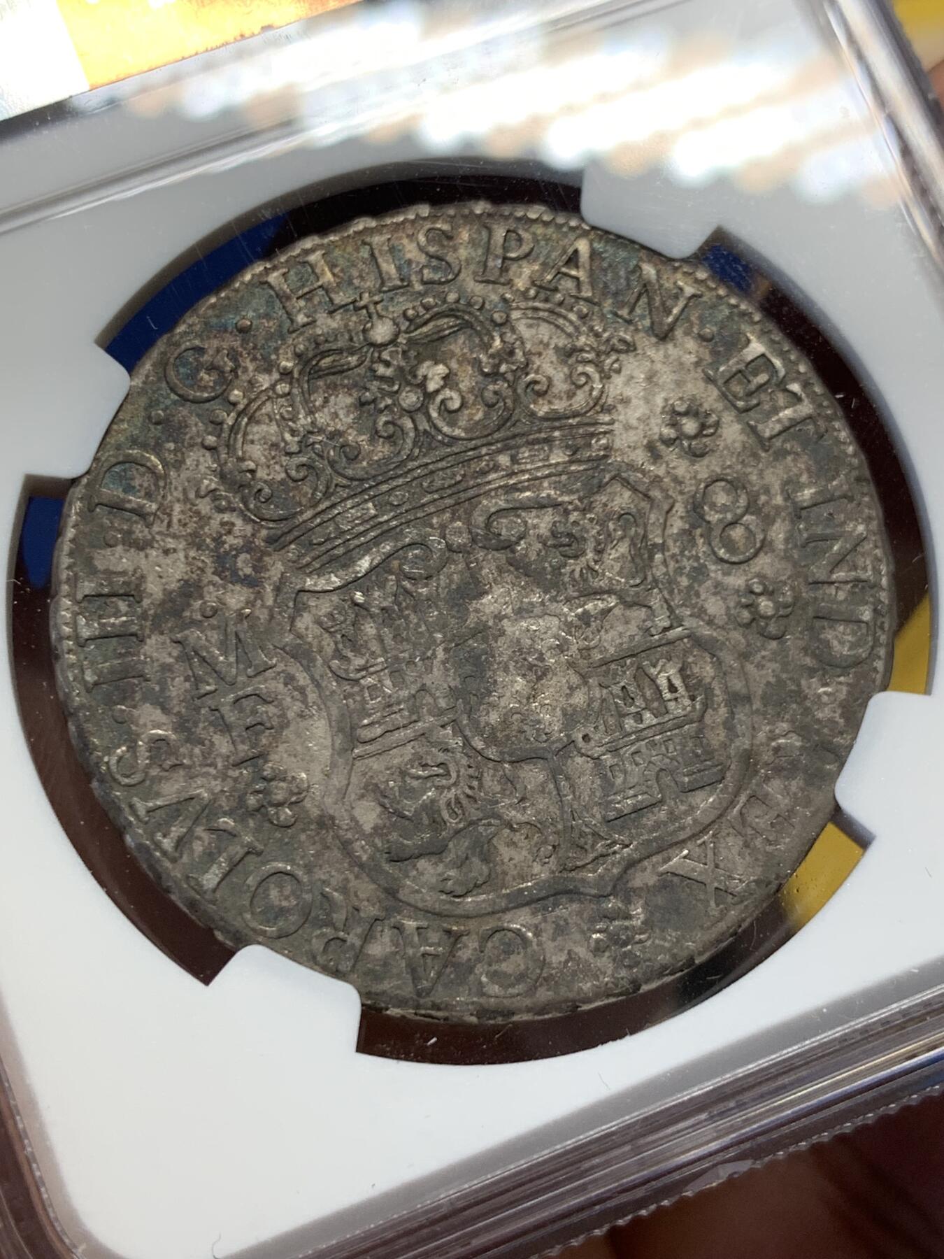 《竞宝斋》第407场 周日，周一，2场连拍 （全场包邮） NGC VF 墨西哥 1767MO MF 地球8R双柱大银币 低评原生态老包浆