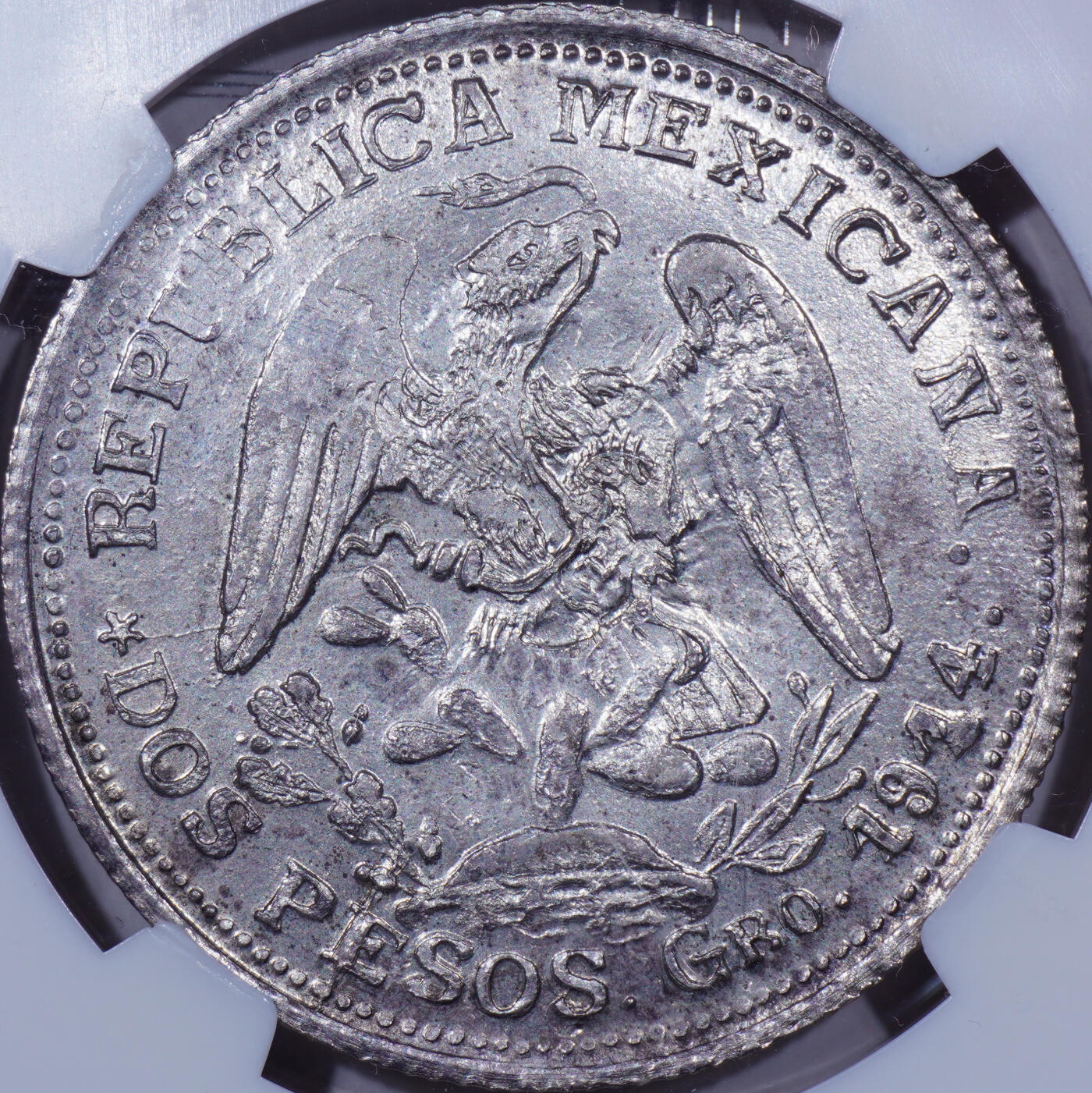 NGC MS63老盒1914年墨西哥格雷罗州革命2比索金银币
