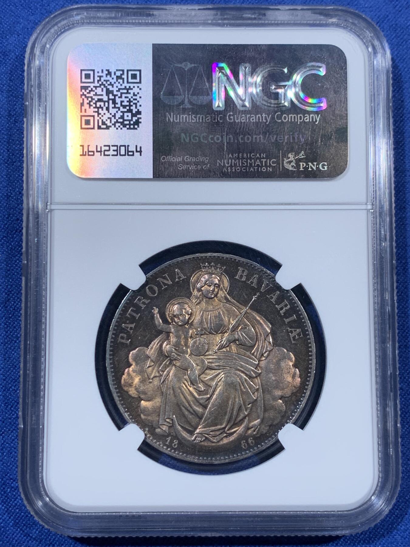 《竞宝斋》第408场 周日，周一，2场连拍 （全场包邮） NGC UNCD 德国巴伐利亚1866圣母抱婴1泰勒银币