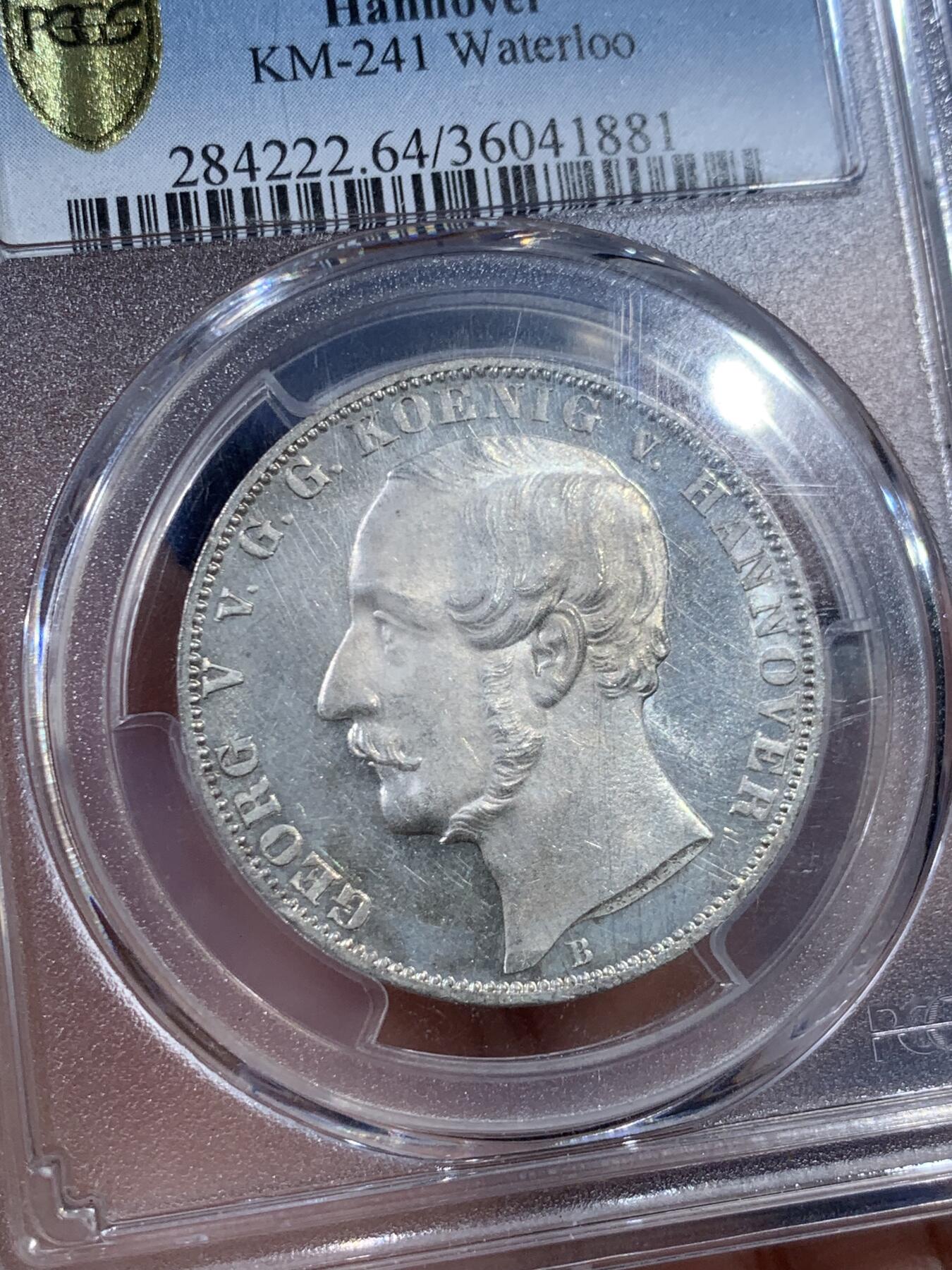 《竞宝斋》第408场 周日，周一，2场连拍 （全场包邮） PCGS MS64 德国 1865年 汉诺威 滑铁卢战役纪念1泰勒 略带镜面感