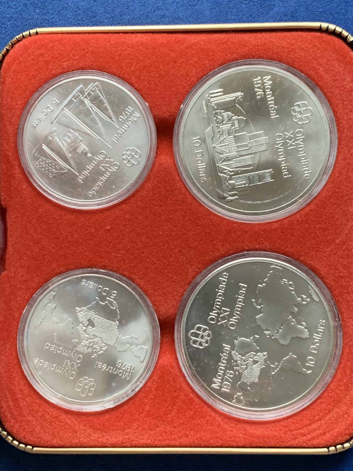 《竞宝斋》第408场 周日，周一，2场连拍 （全场包邮） 四枚一组 加拿大1973年纪念1976年蒙特利尔夏季奥运会银币 925银币5元10元四枚套 重145.8克 盒装