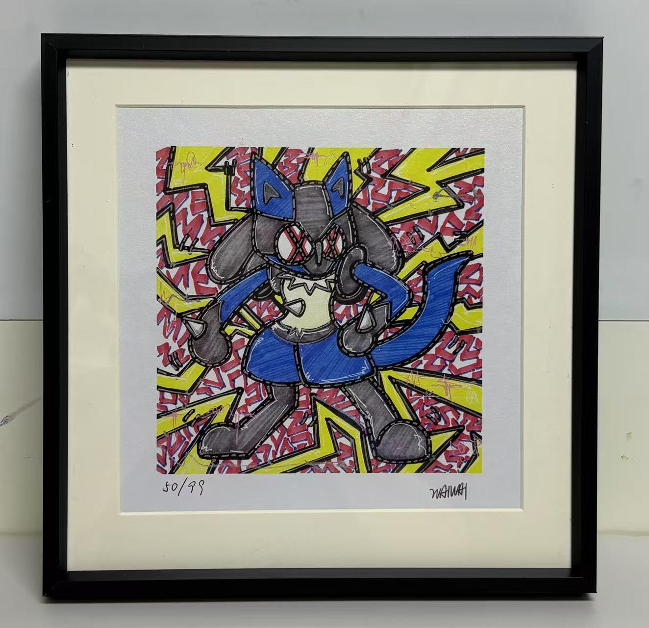 零元拍：歪歪亲笔签名 OWSON 系列作品装饰画《宝可梦-路卡利欧》，已做装裱 合金相框尺寸25/25CM。因展品出展，镜框或亚克力可能有轻微划痕，介意勿拍