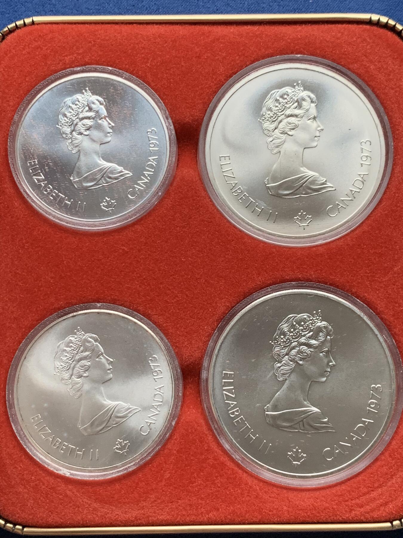 《竞宝斋》第408场 周日，周一，2场连拍 （全场包邮） 四枚一组 加拿大1973年纪念1976年蒙特利尔夏季奥运会银币 925银币5元10元四枚套 重145.8克 盒装