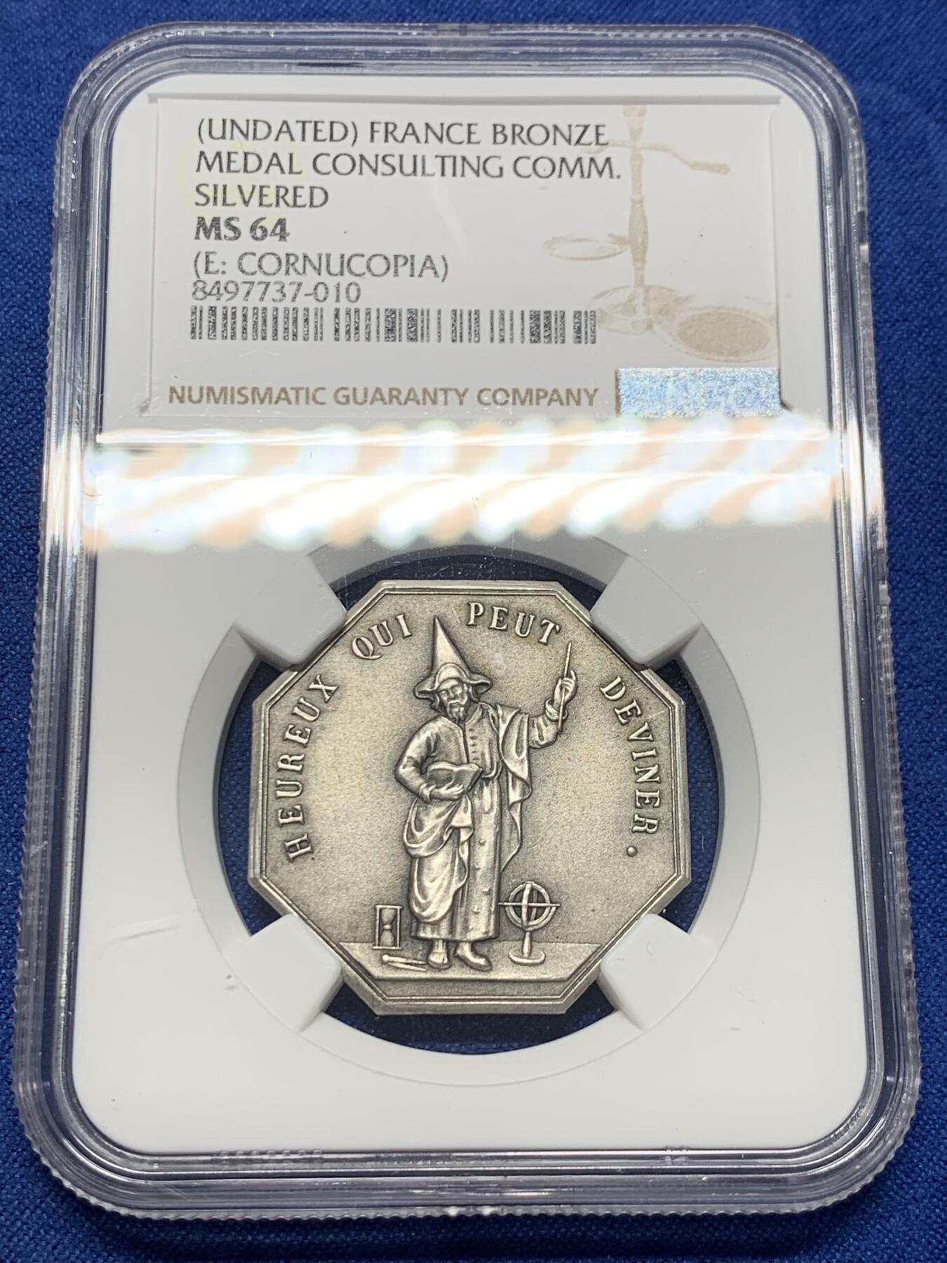 《竞宝斋》第408场 周日，周一，2场连拍 （全场包邮） NGC MS64 法国八角镀银铜质代币，高分，正面一名预言家，铭文“谁能猜到幸福快乐