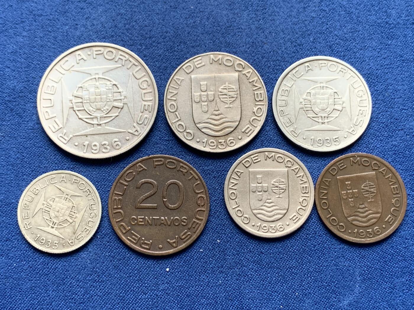 《竞宝斋》第408场 周日，周一，2场连拍 （全场包邮） 7枚一组 葡属莫桑比克1935-1936年 含3枚银币