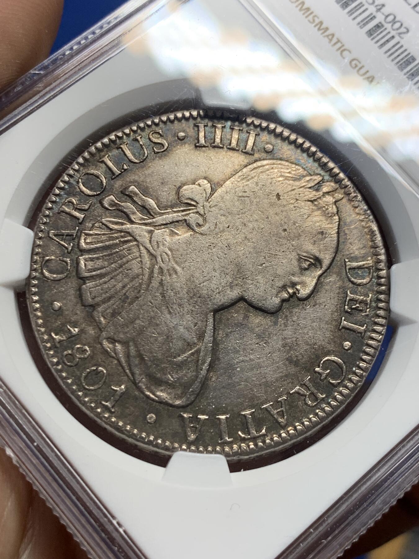 《竞宝斋》第408场 周日，周一，2场连拍 （全场包邮） NGC VFD 西属墨西哥1801年MO FT/FM 卡洛斯四世8R双柱银币