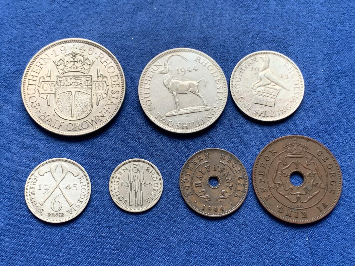 《竞宝斋》第408场 周日，周一，2场连拍 （全场包邮） 7枚一组 英属南罗德西亚1944-1947年乔治六世 含5枚银币