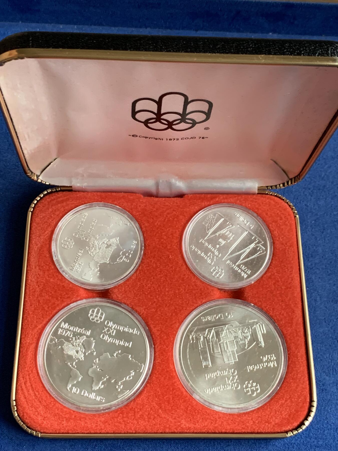 《竞宝斋》第408场 周日，周一，2场连拍 （全场包邮） 四枚一组 加拿大1973年纪念1976年蒙特利尔夏季奥运会银币 925银币5元10元四枚套 重145.8克 盒装