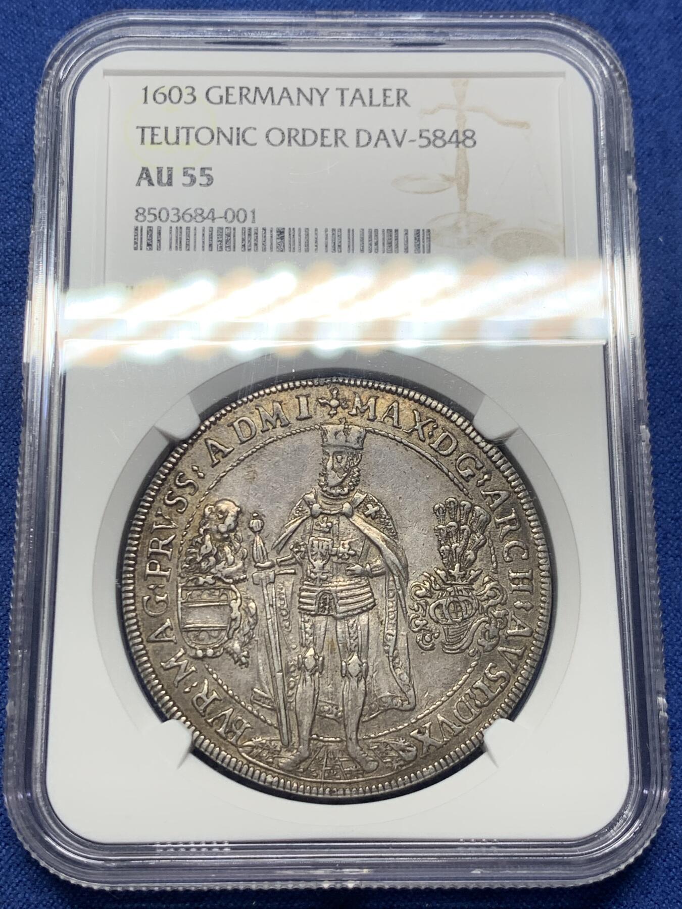 《竞宝斋》第408场 周日，周一，2场连拍 （全场包邮） NGC AU55 德国 1603 条顿骑士团  泰勒大银币 少见原味深打 值得收藏的品种