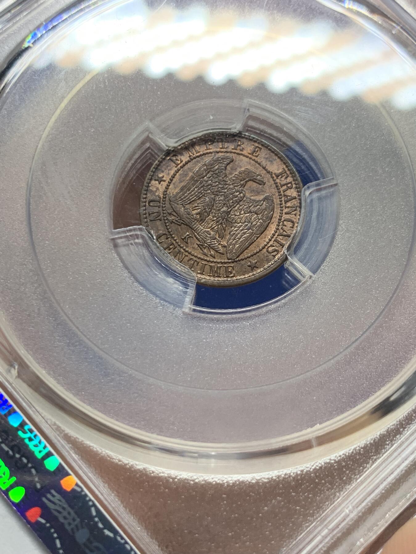 《竞宝斋》第408场 周日，周一，2场连拍 （全场包邮） PCGS MS64RB 法国1862年拿破仑三世1生丁铜币