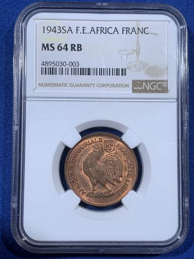 《竞宝斋》第408场 周日，周一，2场连拍 （全场包邮） - NGC MS64RB 法属赤道非洲 1943年 1法郎红铜版 好品相