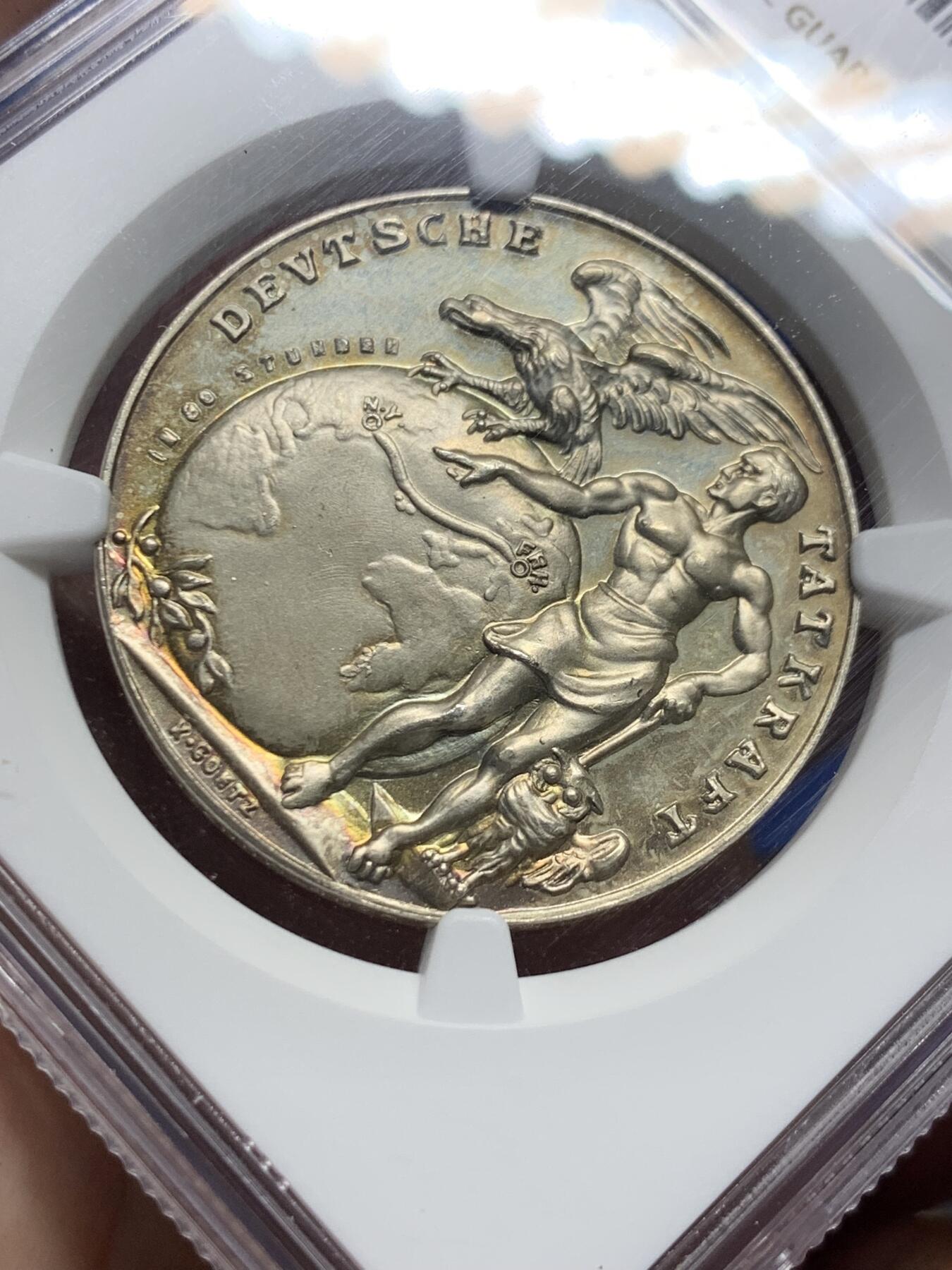 《竞宝斋》第408场 周日，周一，2场连拍 （全场包邮） NGC MS64 德国 1924年 哥茨作品 齐柏林飞艇 顺着哥伦布的航线前往美国纪念银章