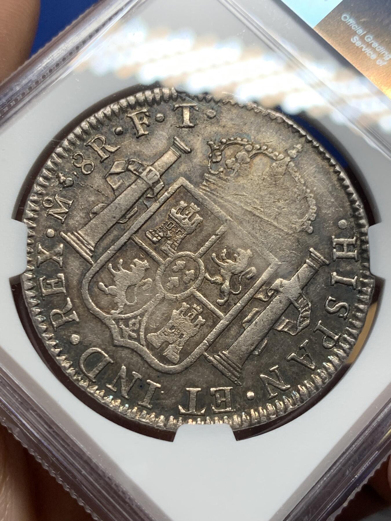 《竞宝斋》第408场 周日，周一，2场连拍 （全场包邮） NGC VFD 西属墨西哥1801年MO FT/FM 卡洛斯四世8R双柱银币