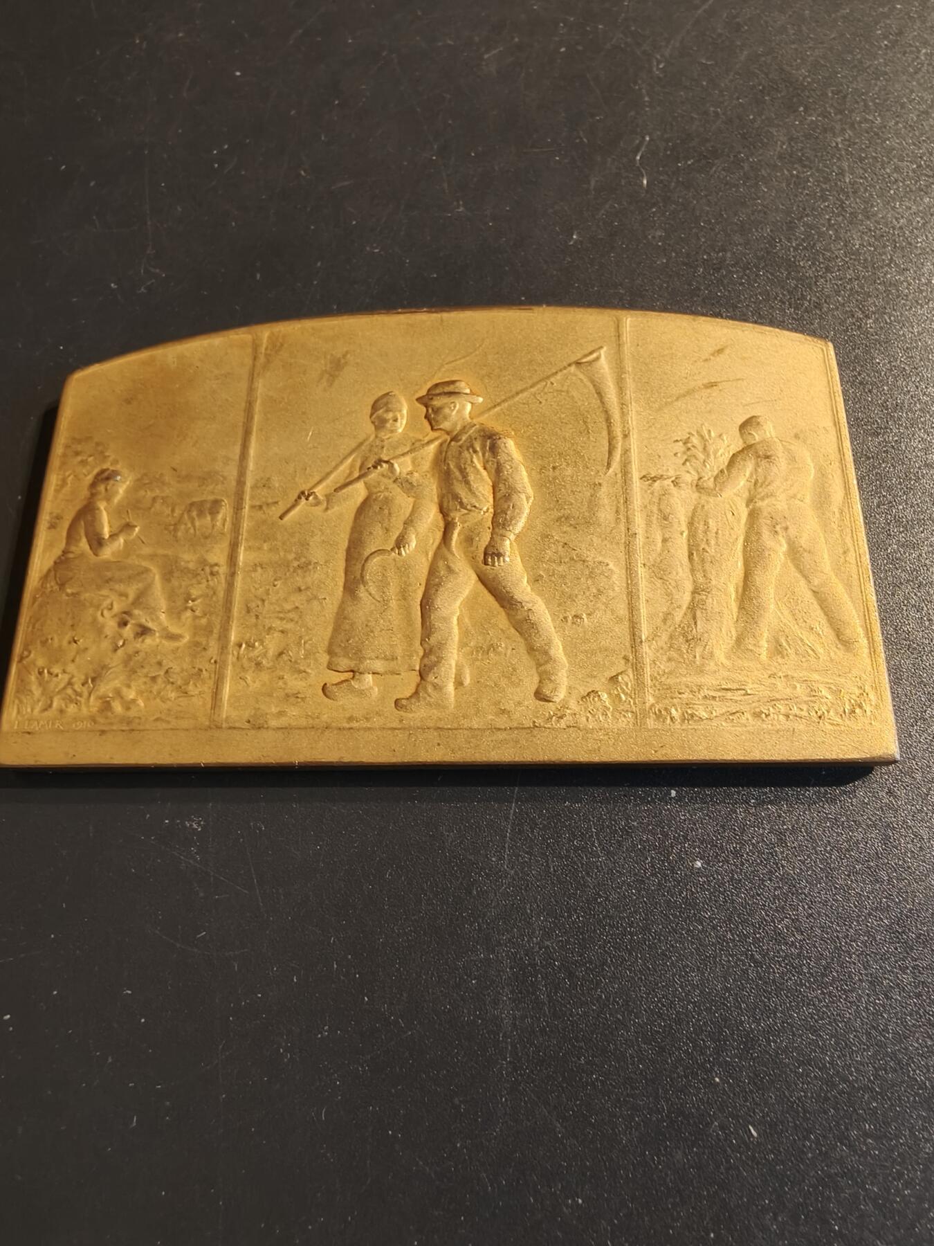 老王徽章第140期 法国农业协会方形镀金大铜章    尺寸79×48mm    重量111.2g