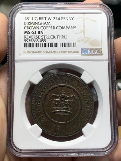 《竞宝斋》第408场 周日，周一，2场连拍 （全场包邮） - NGC MS63BN 冠军分 英国1811年伯明翰1便士Token大铜币，标注背面铸缺，仅见品。经典品种，冠军品质，用料厚重的大铜 （可拍侧边图）