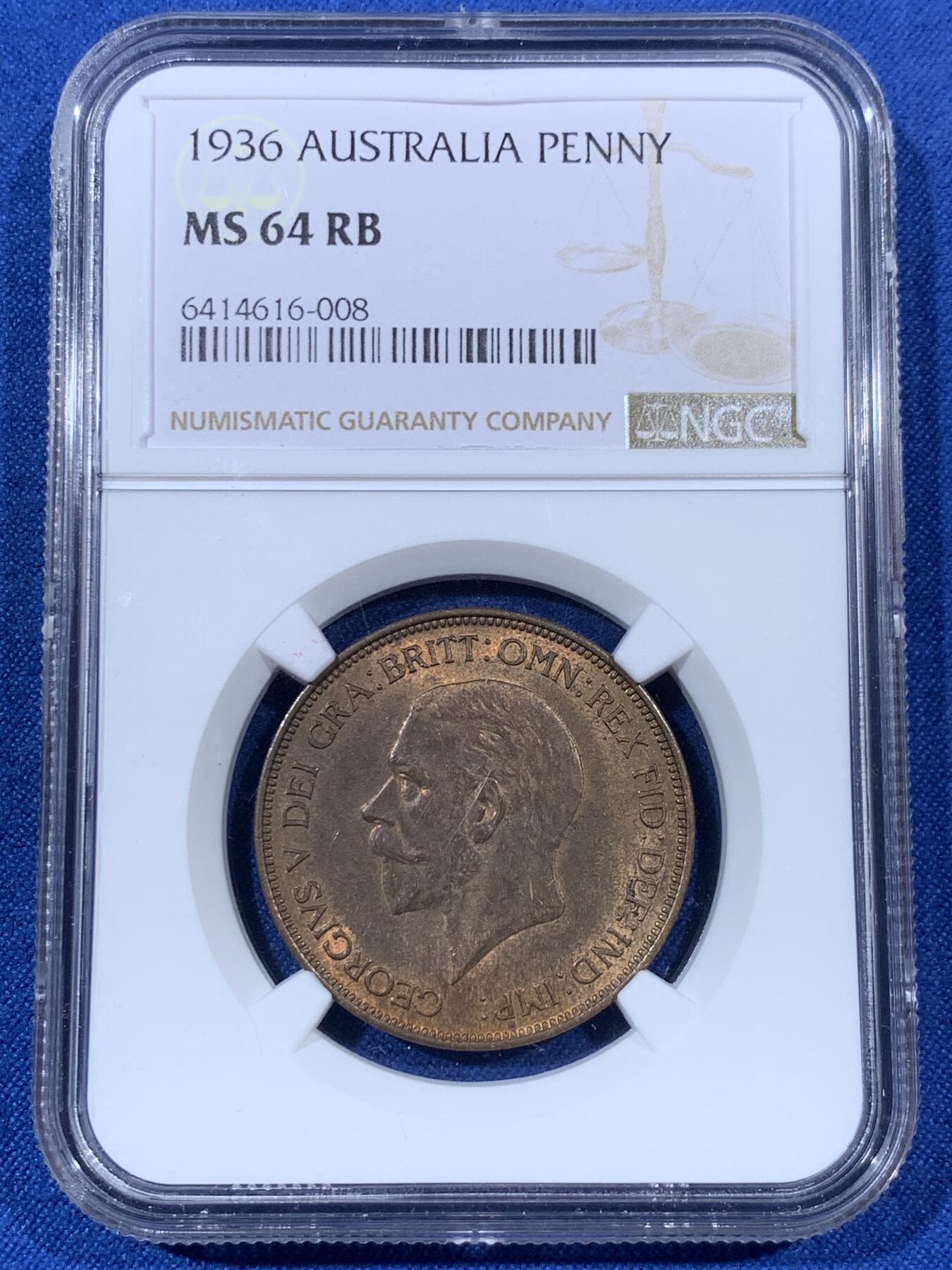 《竞宝斋》第408场 周日，周一，2场连拍 （全场包邮） NGC MS64RB 英国1936年乔治五世1便士大铜币，盒子错标为澳大利亚。经典的不列颠女神，RB铜光犹存，64收藏级高分难得