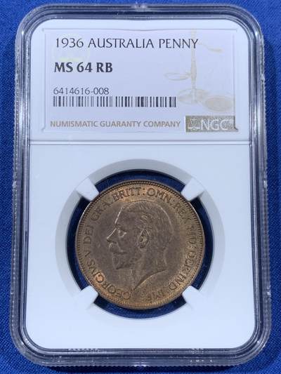 《竞宝斋》第408场 周日，周一，2场连拍 （全场包邮） - NGC MS64RB 英国1936年乔治五世1便士大铜币，盒子错标为澳大利亚。经典的不列颠女神，RB铜光犹存，64收藏级高分难得