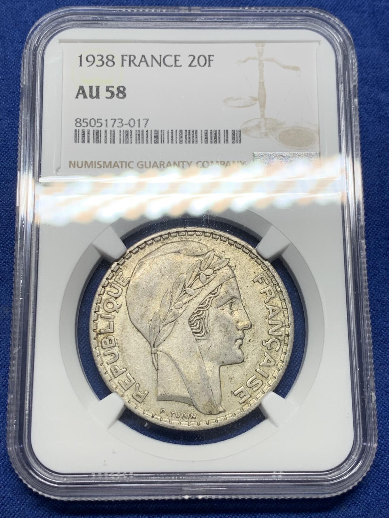 《竞宝斋》第408场 周日，周一，2场连拍 （全场包邮） NGC AU58 法国1938年谷物女神20法郎大银币，经典主币，有上涨空间。