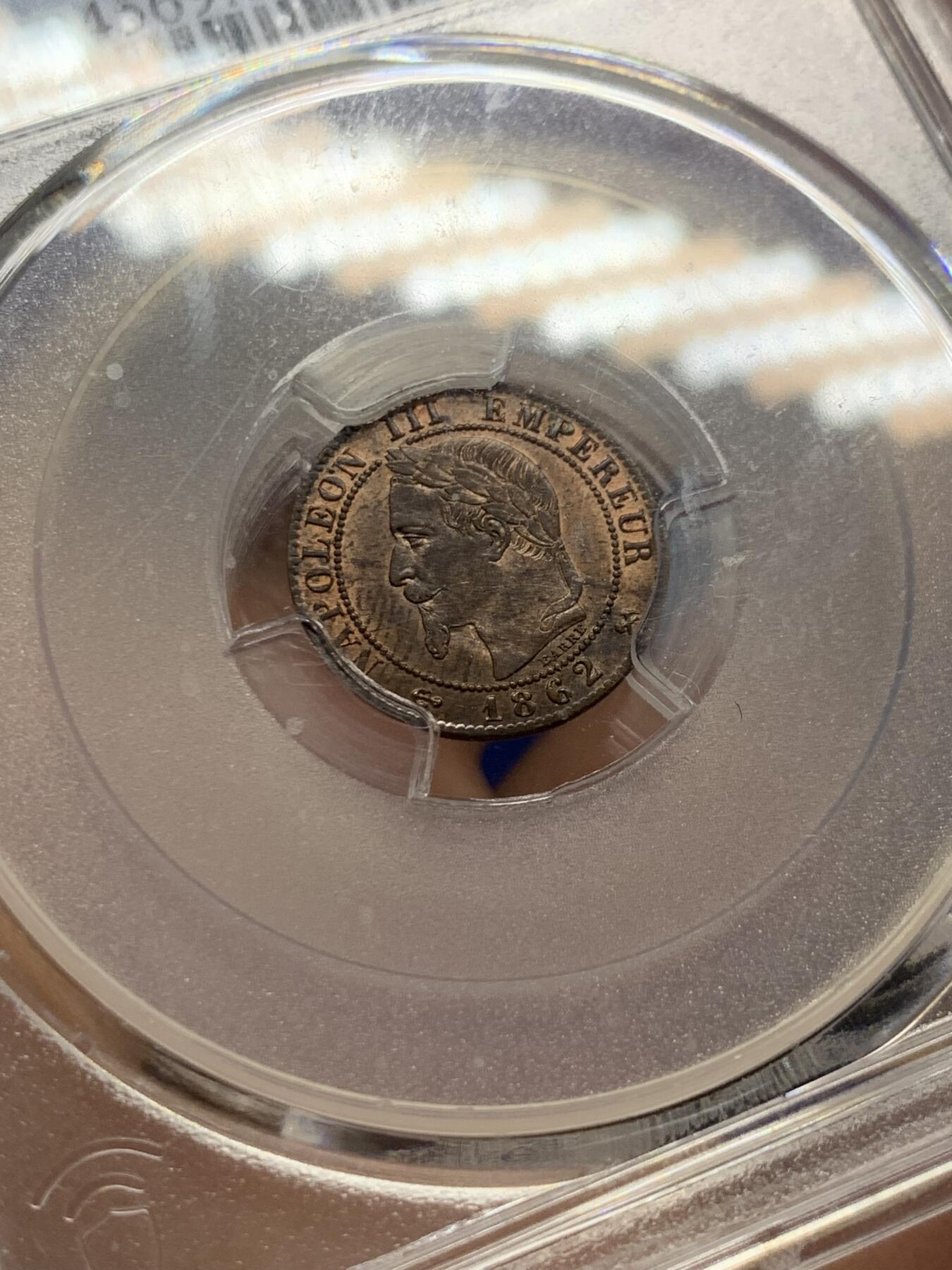 《竞宝斋》第408场 周日，周一，2场连拍 （全场包邮） PCGS MS64RB 法国1862年拿破仑三世1生丁铜币