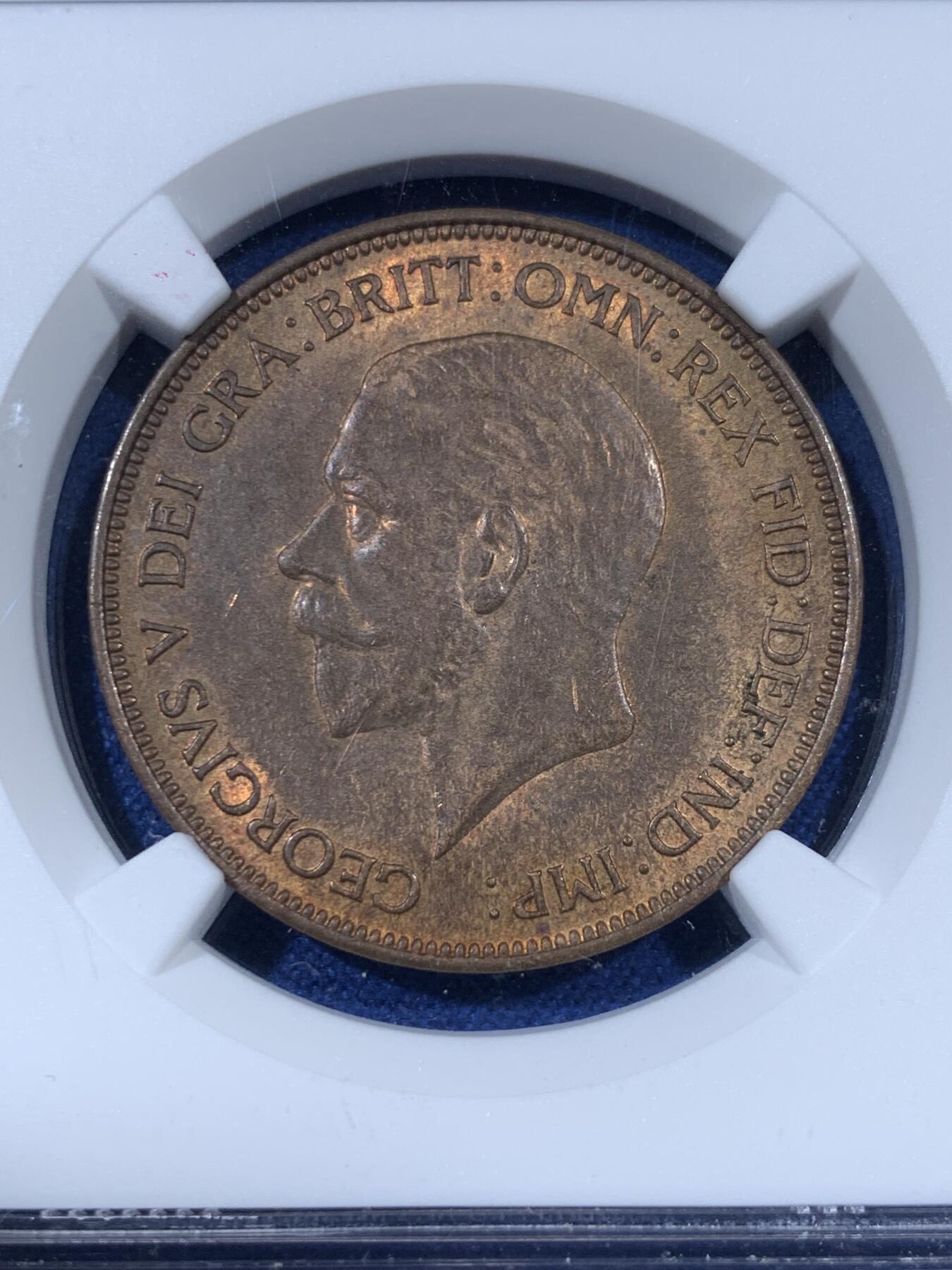 《竞宝斋》第408场 周日，周一，2场连拍 （全场包邮） NGC MS64RB 英国1936年乔治五世1便士大铜币，盒子错标为澳大利亚。经典的不列颠女神，RB铜光犹存，64收藏级高分难得