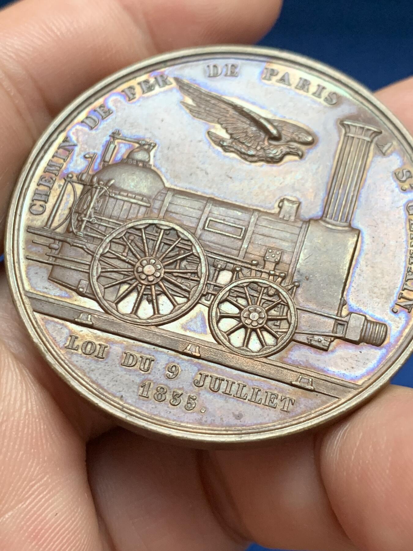 《竞宝斋》第408场 周日，周一，2场连拍 （全场包邮） 1835年法国纪念巴黎至圣日耳曼铁路竣工大铜章 好品 40.5克 45.2mm