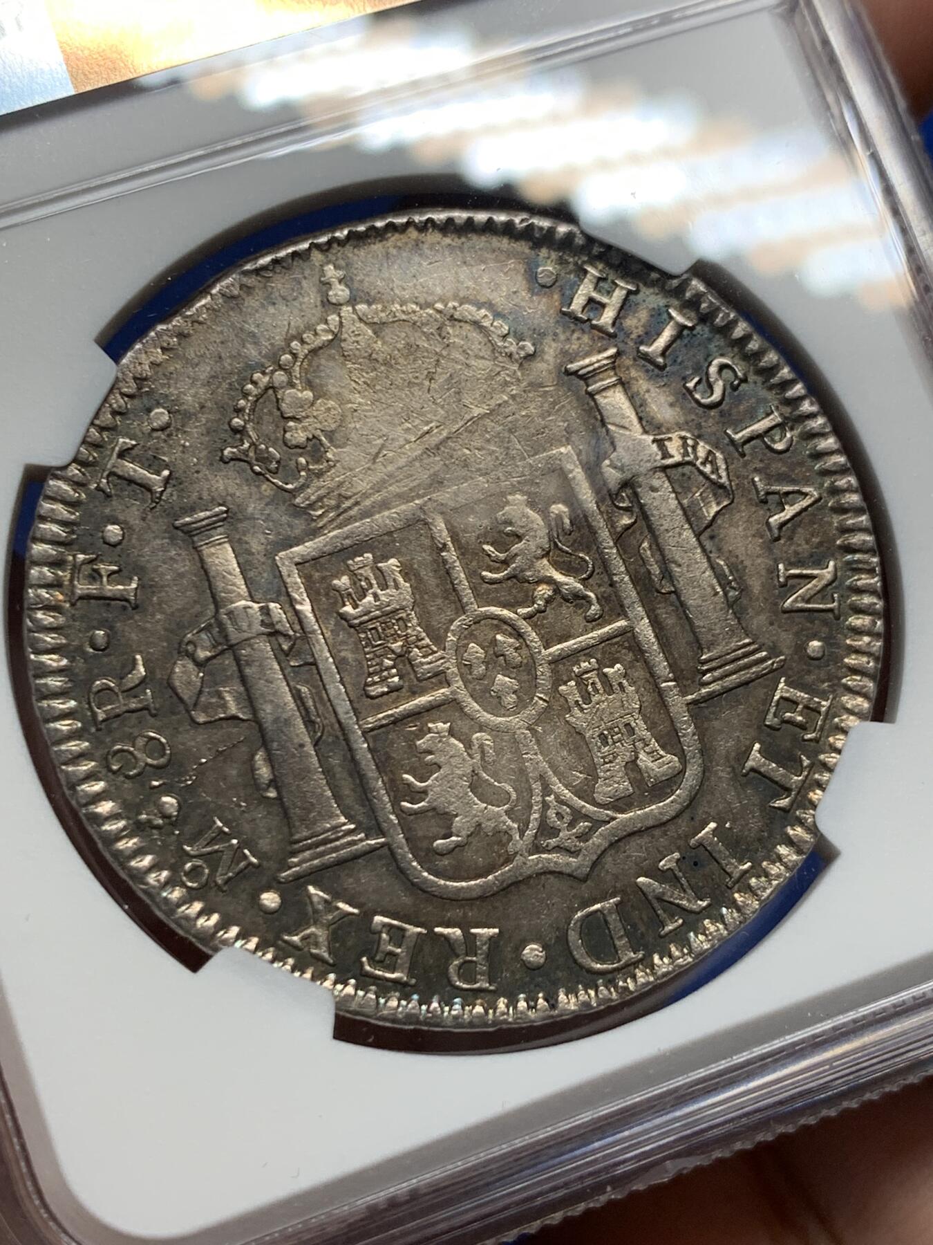 《竞宝斋》第408场 周日，周一，2场连拍 （全场包邮） NGC VFD 西属墨西哥1801年MO FT/FM 卡洛斯四世8R双柱银币