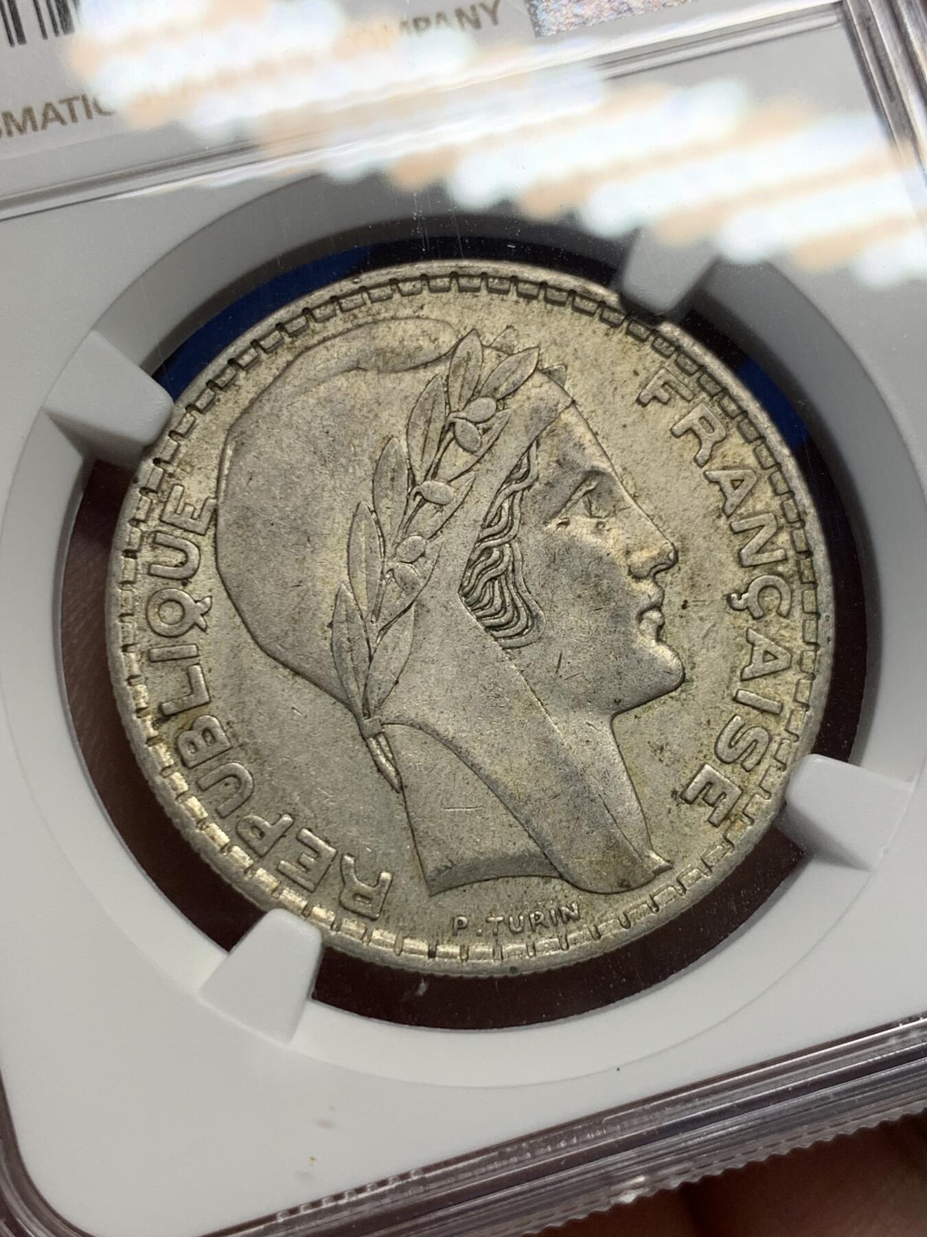 《竞宝斋》第408场 周日，周一，2场连拍 （全场包邮） NGC AU58 法国1938年谷物女神20法郎大银币，经典主币，有上涨空间。