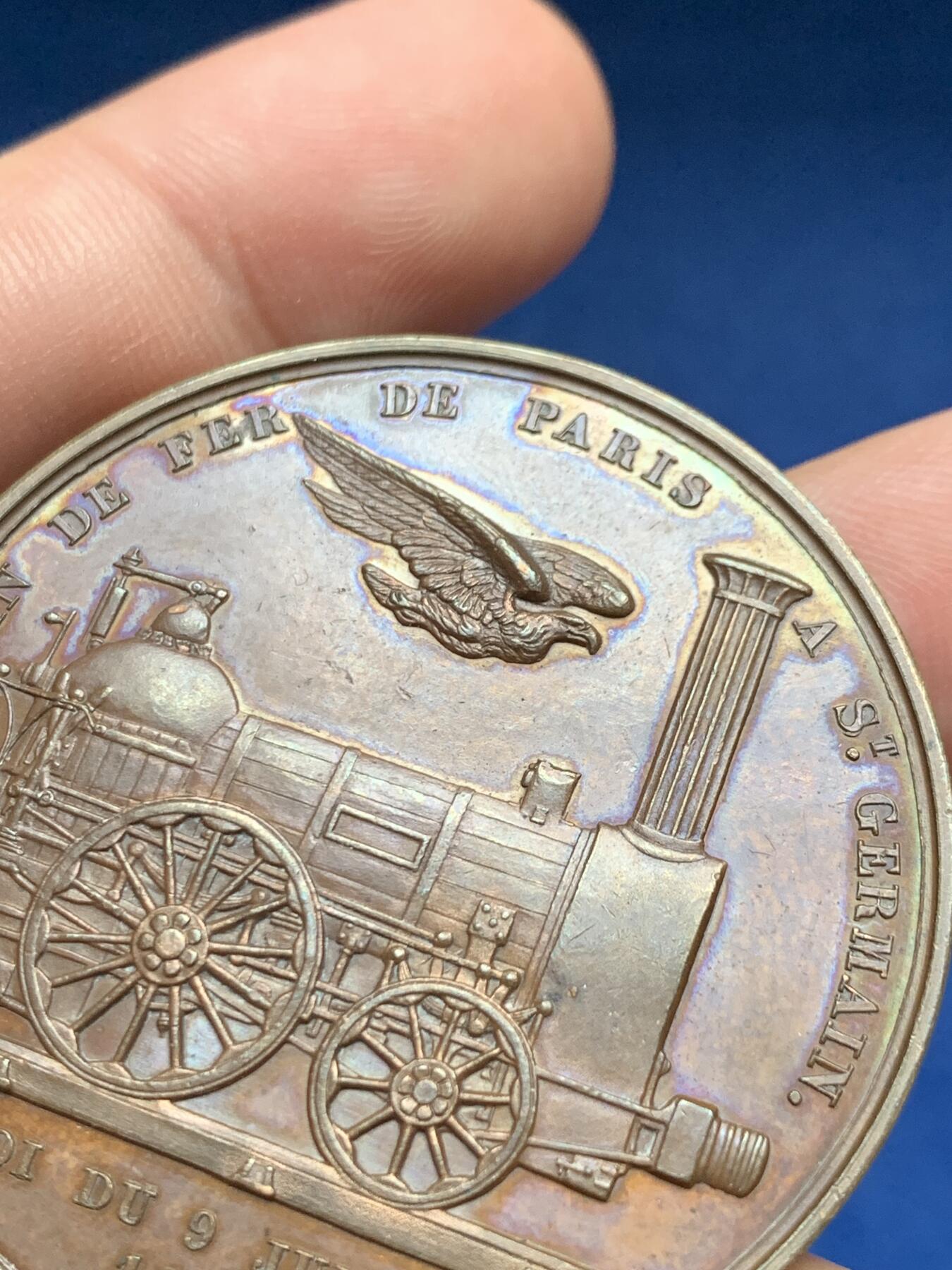 《竞宝斋》第408场 周日，周一，2场连拍 （全场包邮） 1835年法国纪念巴黎至圣日耳曼铁路竣工大铜章 好品 40.5克 45.2mm