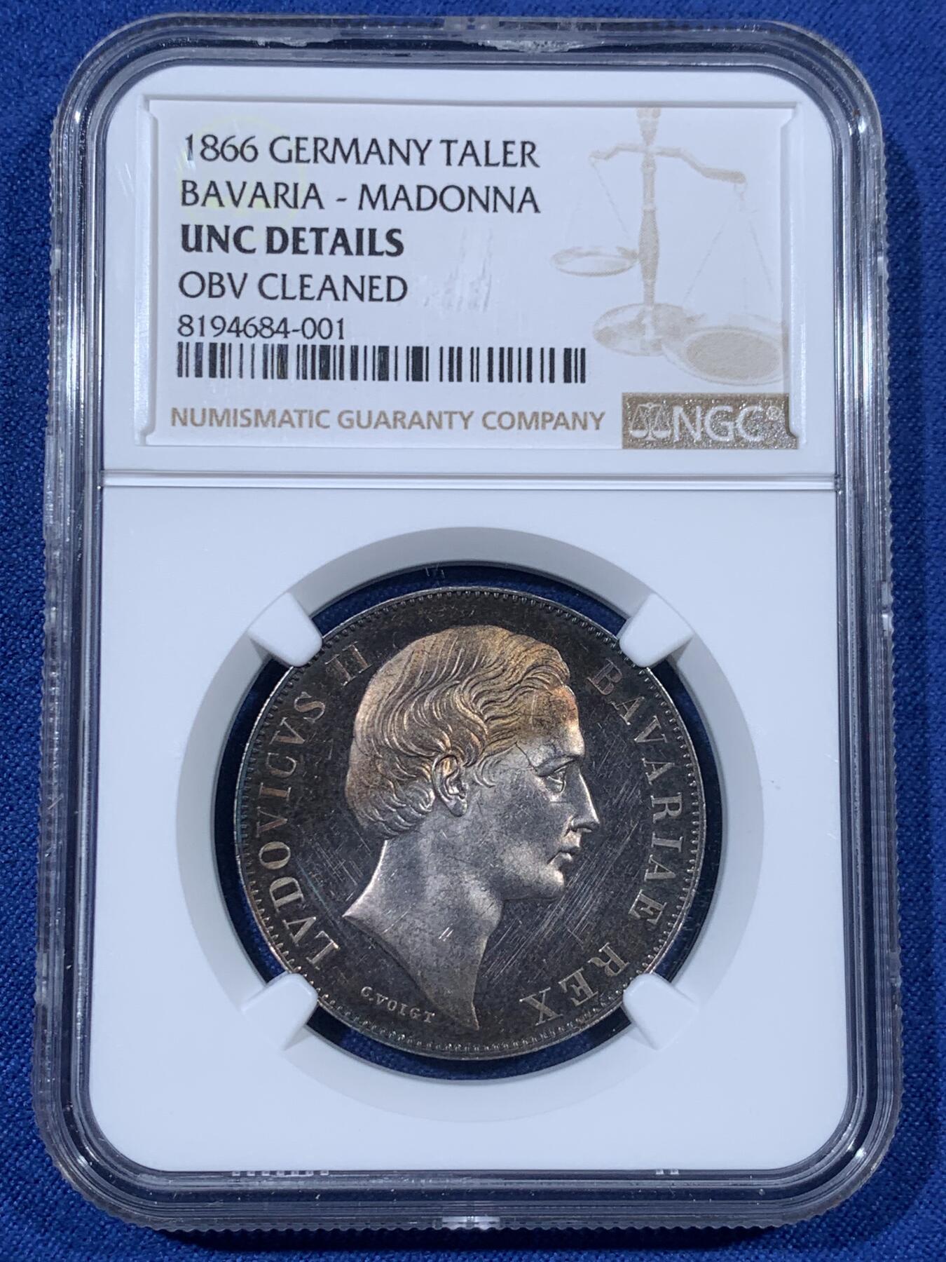 《竞宝斋》第408场 周日，周一，2场连拍 （全场包邮） NGC UNCD 德国巴伐利亚1866圣母抱婴1泰勒银币