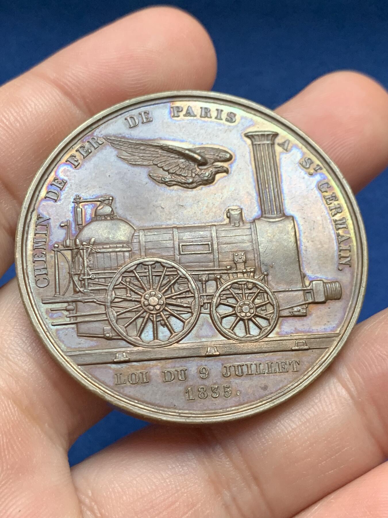 《竞宝斋》第408场 周日，周一，2场连拍 （全场包邮） 1835年法国纪念巴黎至圣日耳曼铁路竣工大铜章 好品 40.5克 45.2mm