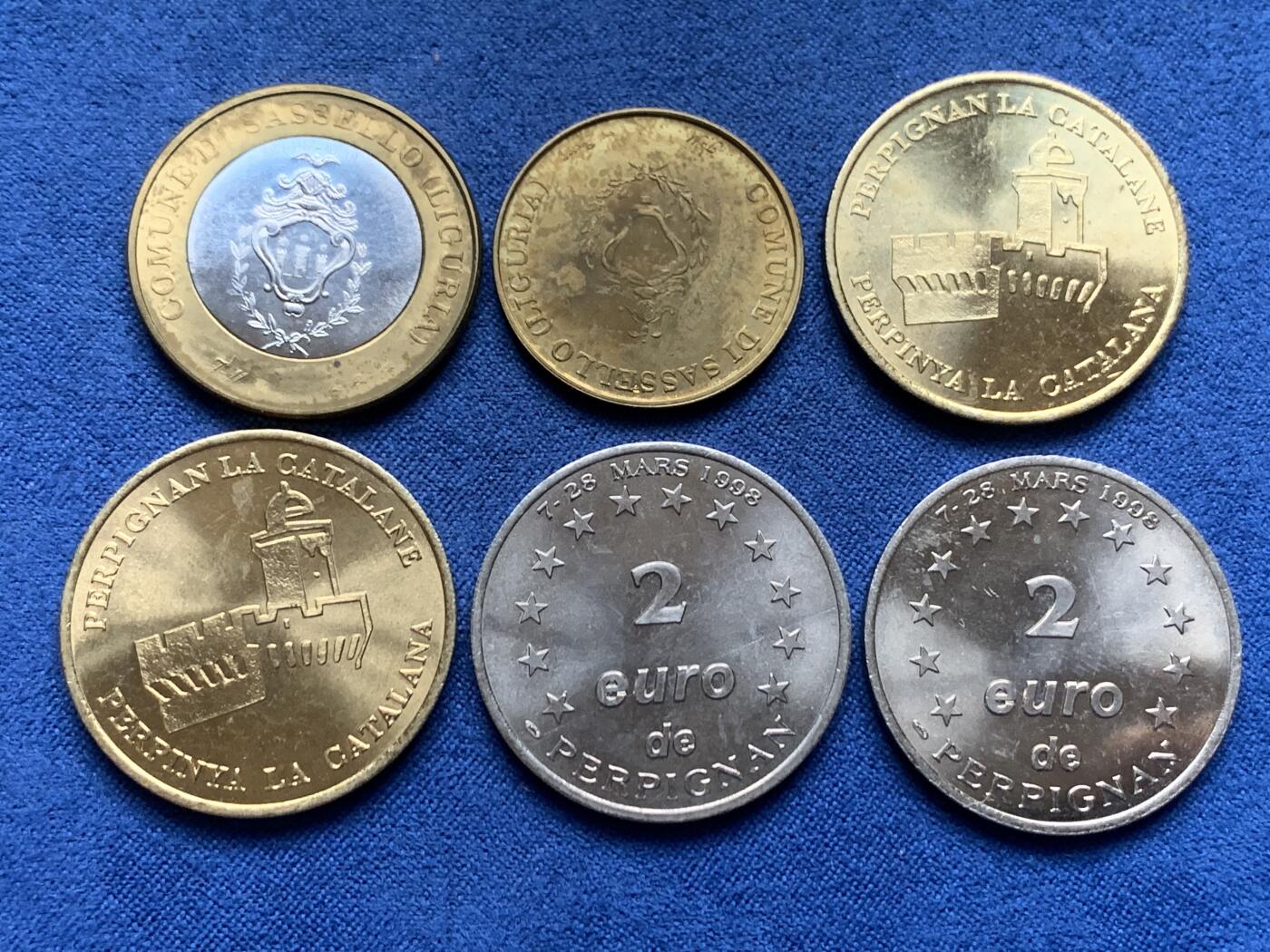 《竞宝斋》第408场 周日，周一，2场连拍 （全场包邮） 6枚一组 法国佩皮尼昂1998年1欧元两枚+2欧元两枚+50欧分臆造币一枚+1欧元臆造币一枚