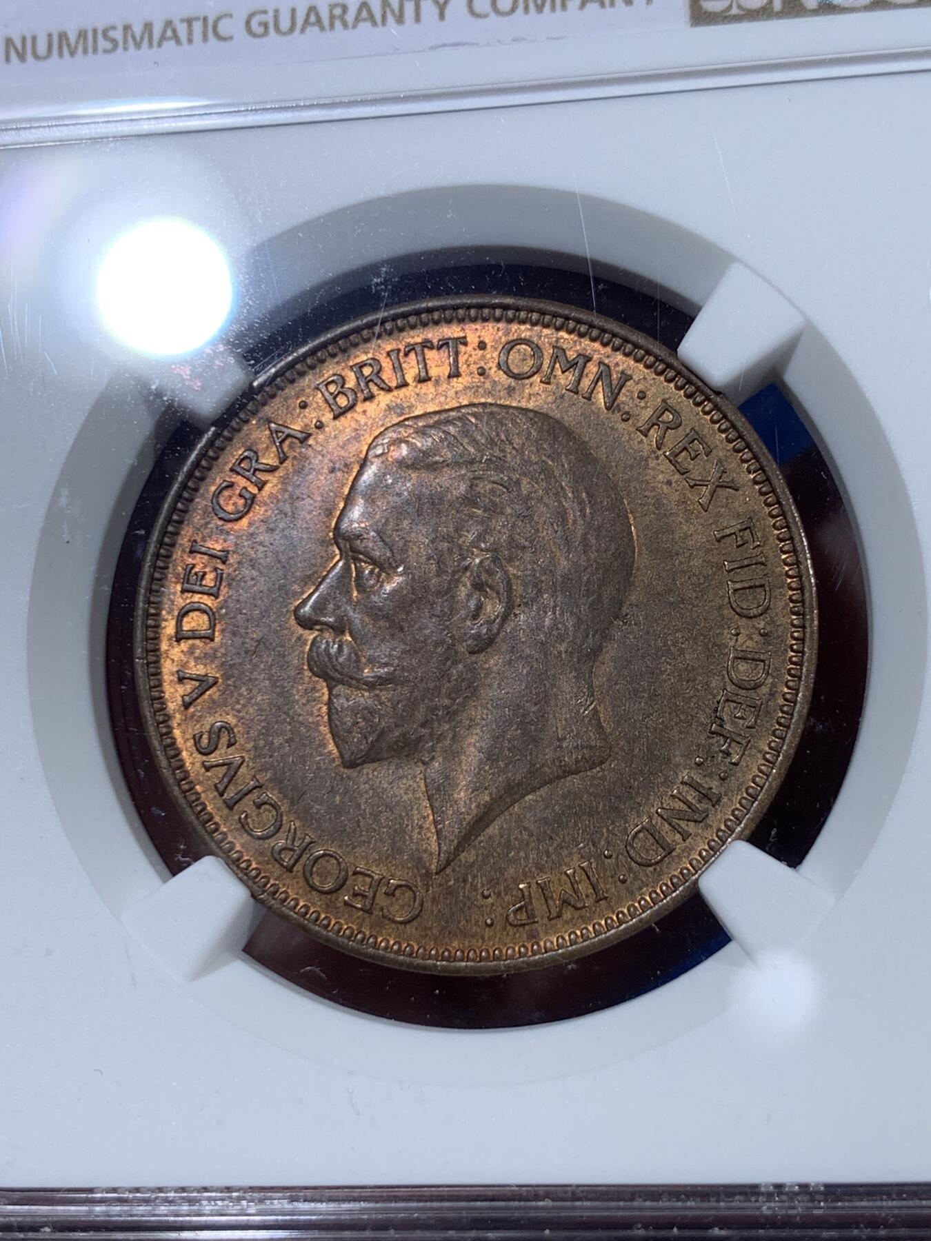 《竞宝斋》第408场 周日，周一，2场连拍 （全场包邮） NGC MS64RB 英国1936年乔治五世1便士大铜币，盒子错标为澳大利亚。经典的不列颠女神，RB铜光犹存，64收藏级高分难得