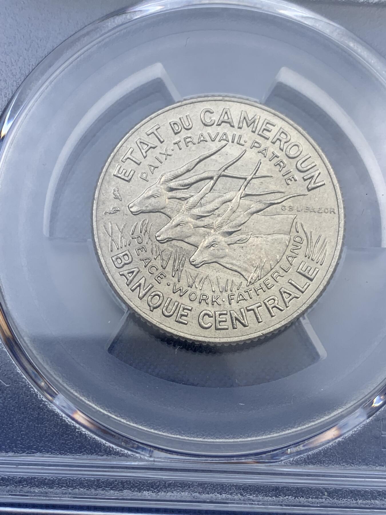 《竞宝斋》第408场 周日，周一，2场连拍 （全场包邮） PCGS MS64 少见品种 喀麦隆1966年100法郎 这个品种充分流通 很少见到UNC的 64分已经相当不易 经典羚羊图案