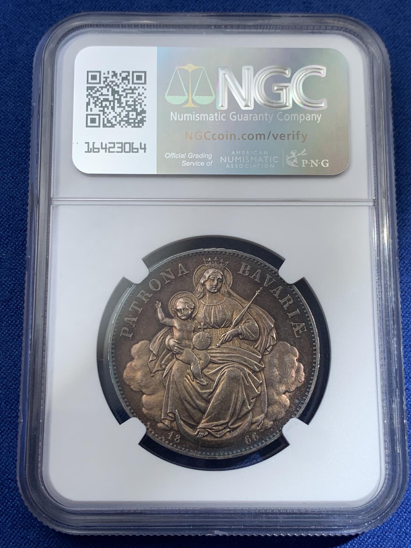 《竞宝斋》第408场 周日，周一，2场连拍 （全场包邮） NGC UNCD 德国巴伐利亚1866圣母抱婴1泰勒银币