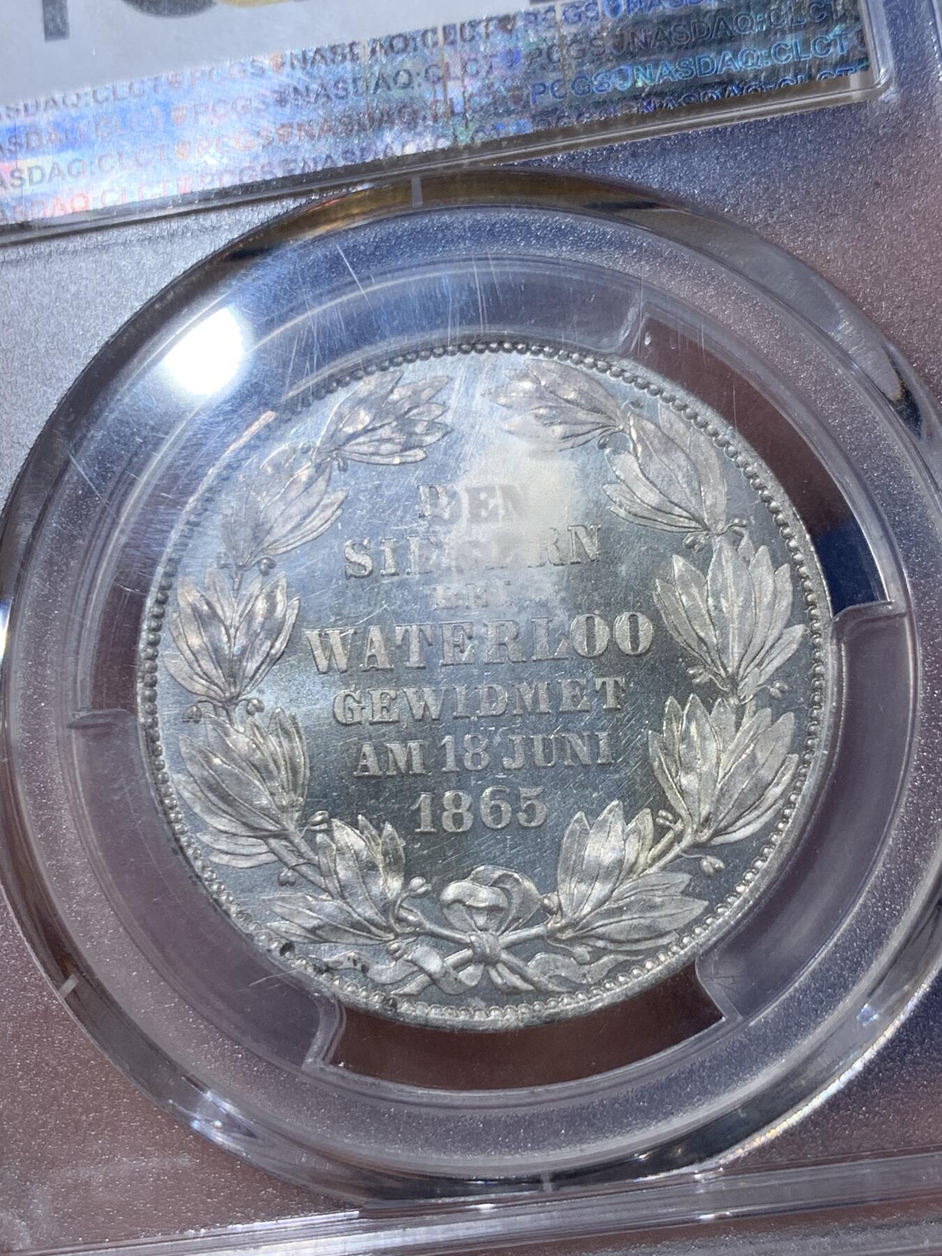 《竞宝斋》第408场 周日，周一，2场连拍 （全场包邮） PCGS MS64 德国 1865年 汉诺威 滑铁卢战役纪念1泰勒 略带镜面感