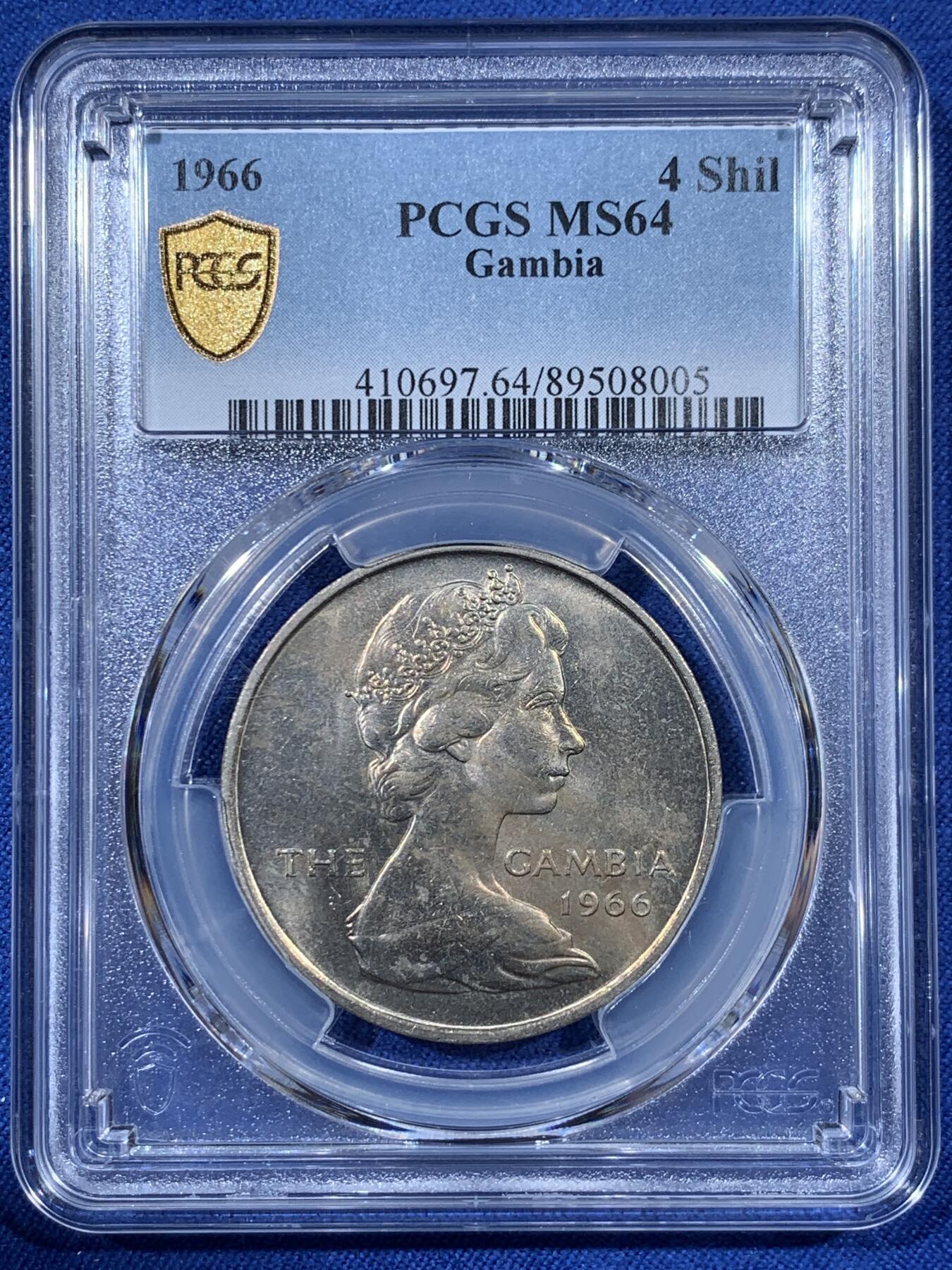 《竞宝斋》第408场 周日，周一，2场连拍 （全场包邮） PCGS MS64 冈比亚1966年4先令大鳄鱼 热门品种 两面转光 卷拆品相 好品比较少