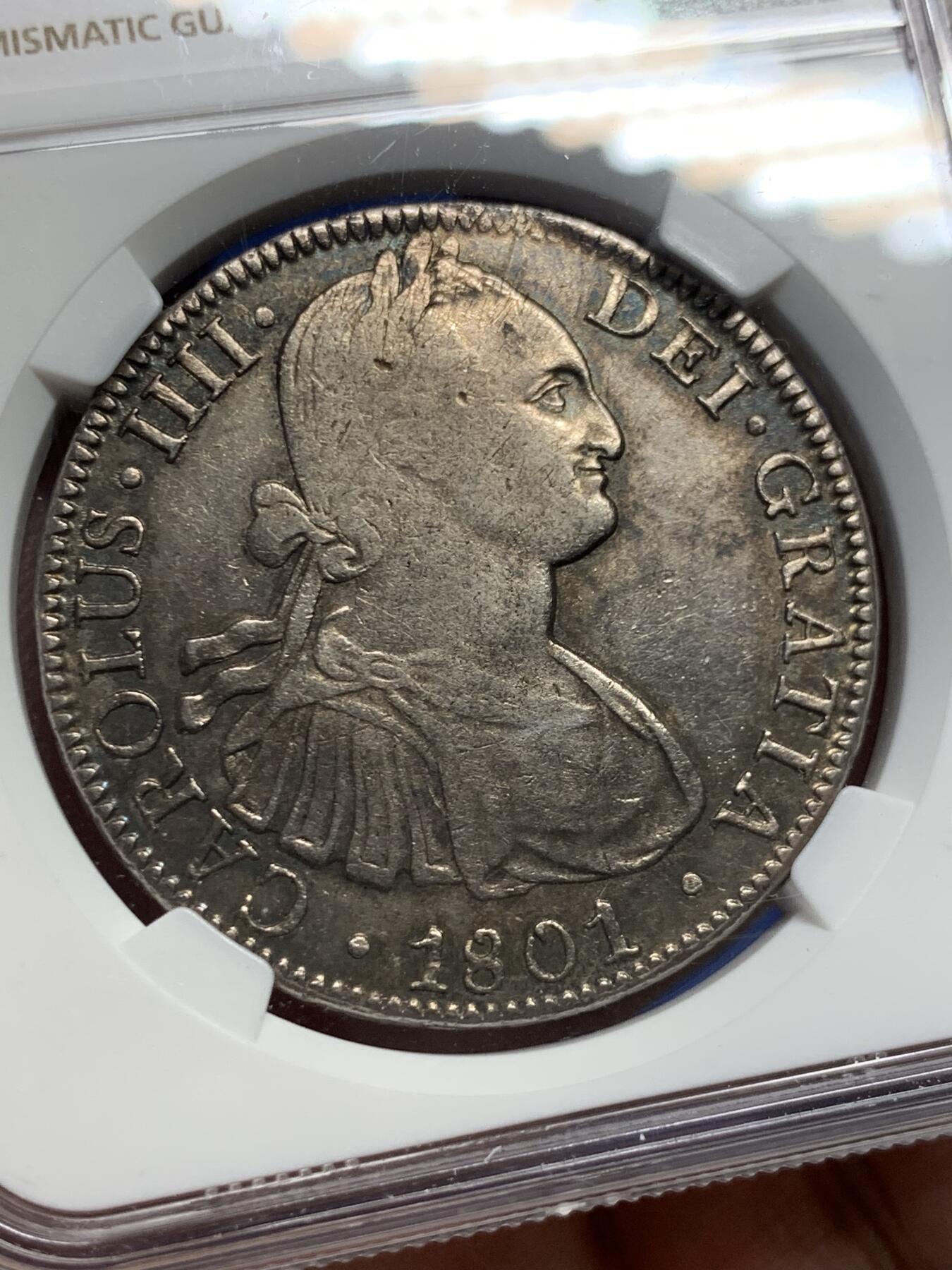 《竞宝斋》第408场 周日，周一，2场连拍 （全场包邮） NGC VFD 西属墨西哥1801年MO FT/FM 卡洛斯四世8R双柱银币