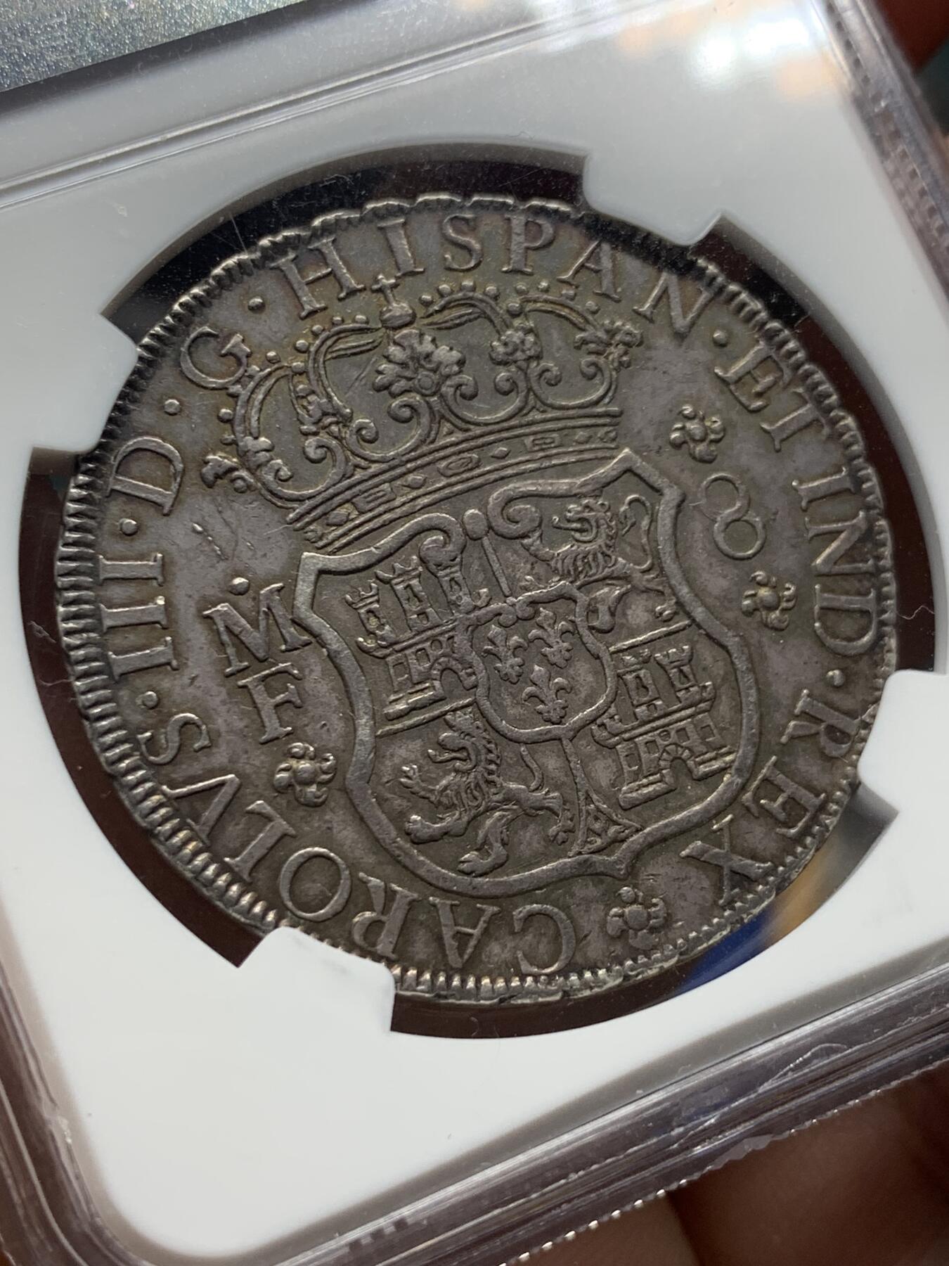 《竞宝斋》第408场 周日，周一，2场连拍 （全场包邮） NGC XF45 墨西哥1767MO地球双柱8R大银 深打