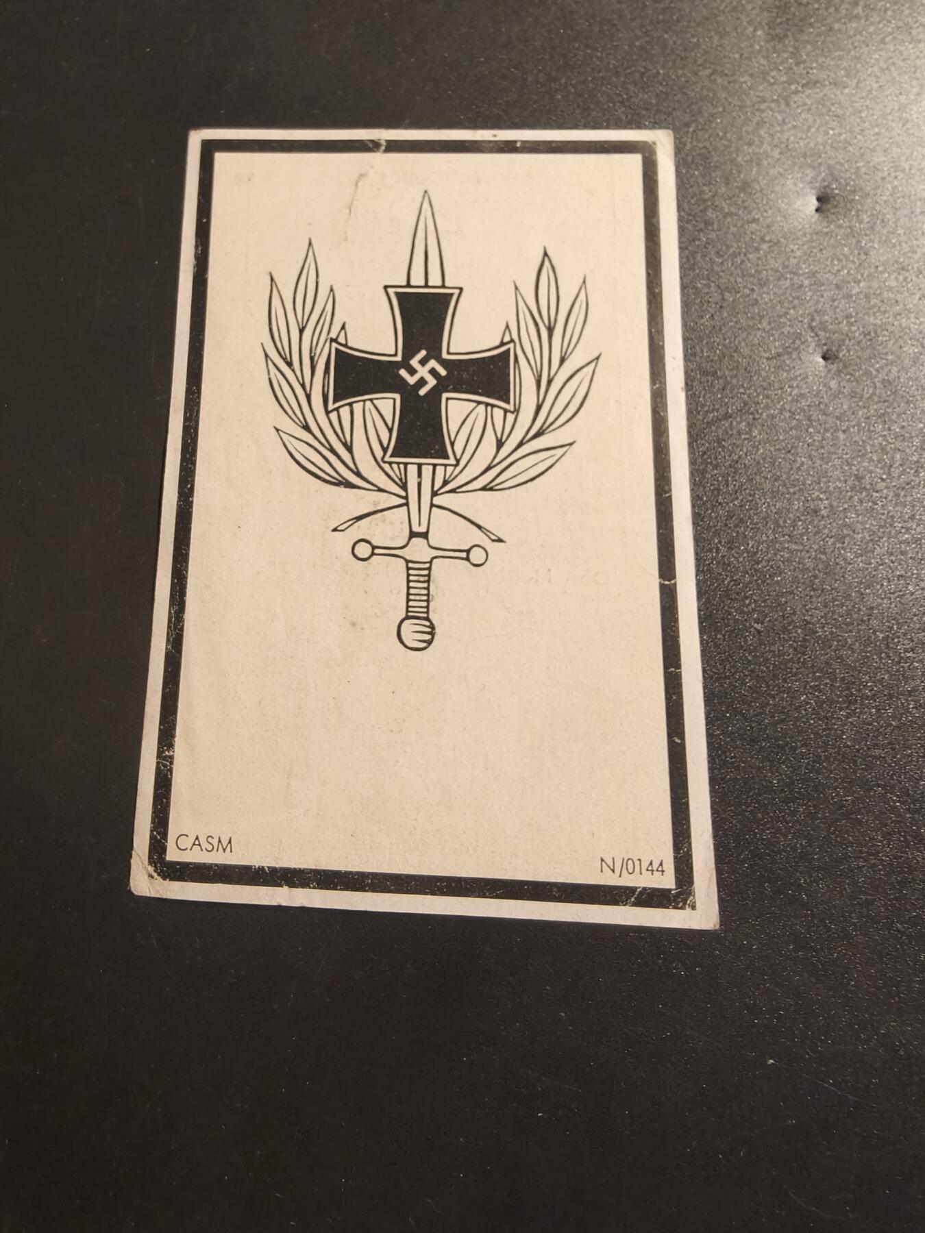 老王徽章第140期 德三士兵阵亡纪念卡    Unterasberg 霍夫迈斯特对面  农民之子，1944 年 3 月 21 日成为掷弹兵团士兵，享年 28岁。