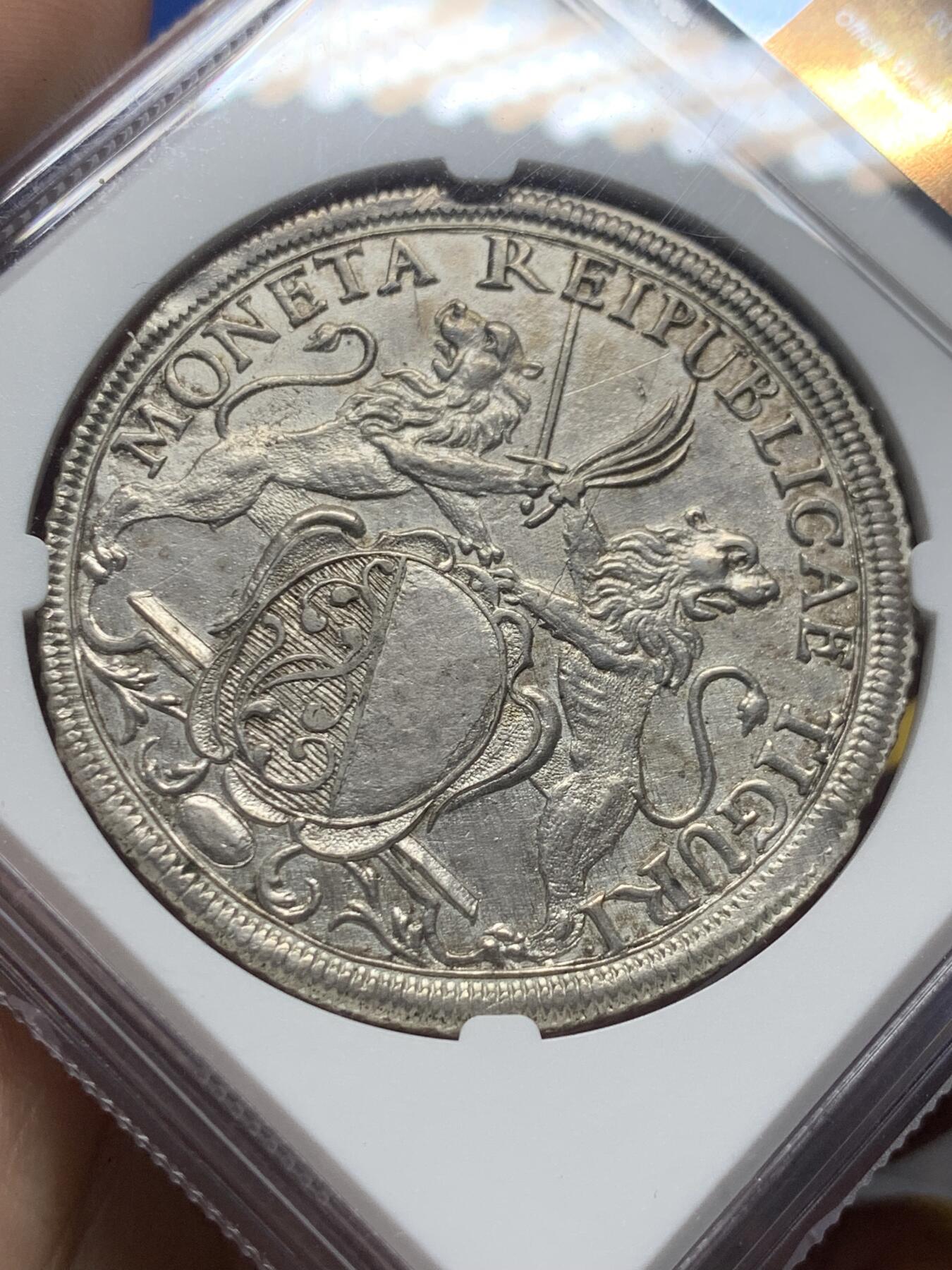 《竞宝斋》第408场 周日，周一，2场连拍 （全场包邮） NGC AU 瑞士 1743年 苏黎世景观泰勒银币 极少见的双狮版本