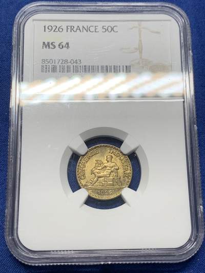 《竞宝斋》第408场 周日，周一，2场连拍 （全场包邮） - NGC MS64 法国 1926 商务部50分，墨丘利像，经典设计，好品相少见