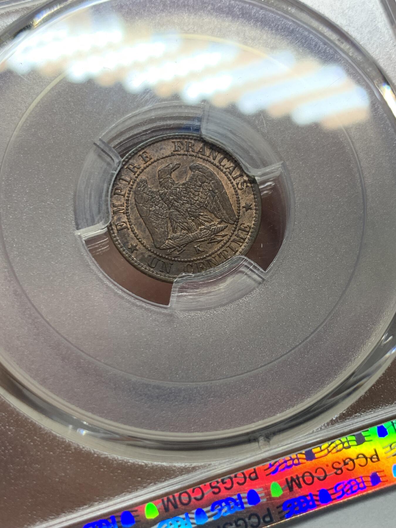 《竞宝斋》第408场 周日，周一，2场连拍 （全场包邮） PCGS MS64RB 法国1862年拿破仑三世1生丁铜币