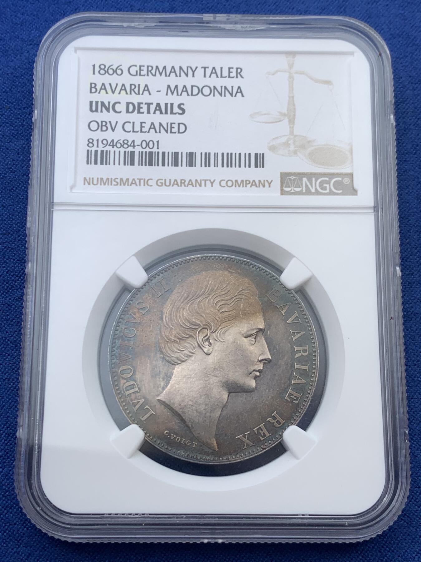 《竞宝斋》第408场 周日，周一，2场连拍 （全场包邮） NGC UNCD 德国巴伐利亚1866圣母抱婴1泰勒银币