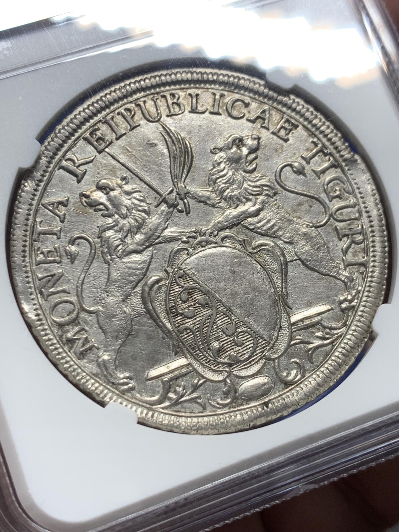 《竞宝斋》第408场 周日，周一，2场连拍 （全场包邮） NGC AU 瑞士 1743年 苏黎世景观泰勒银币 极少见的双狮版本