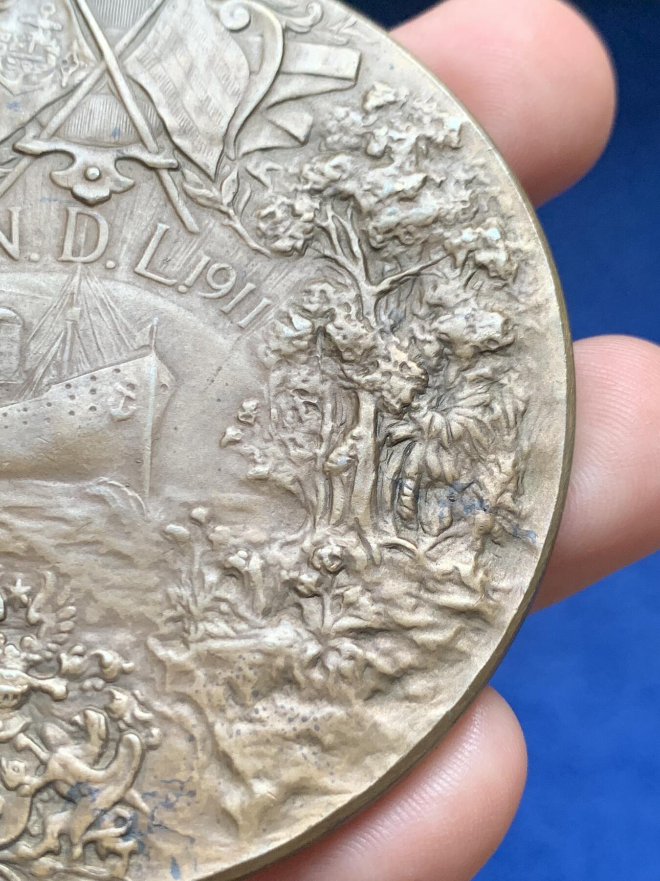 《竞宝斋》第408场 周日，周一，2场连拍 （全场包邮） 1911年德国不来梅劳埃德航运公司纪念大铜章 128克 69.7mm