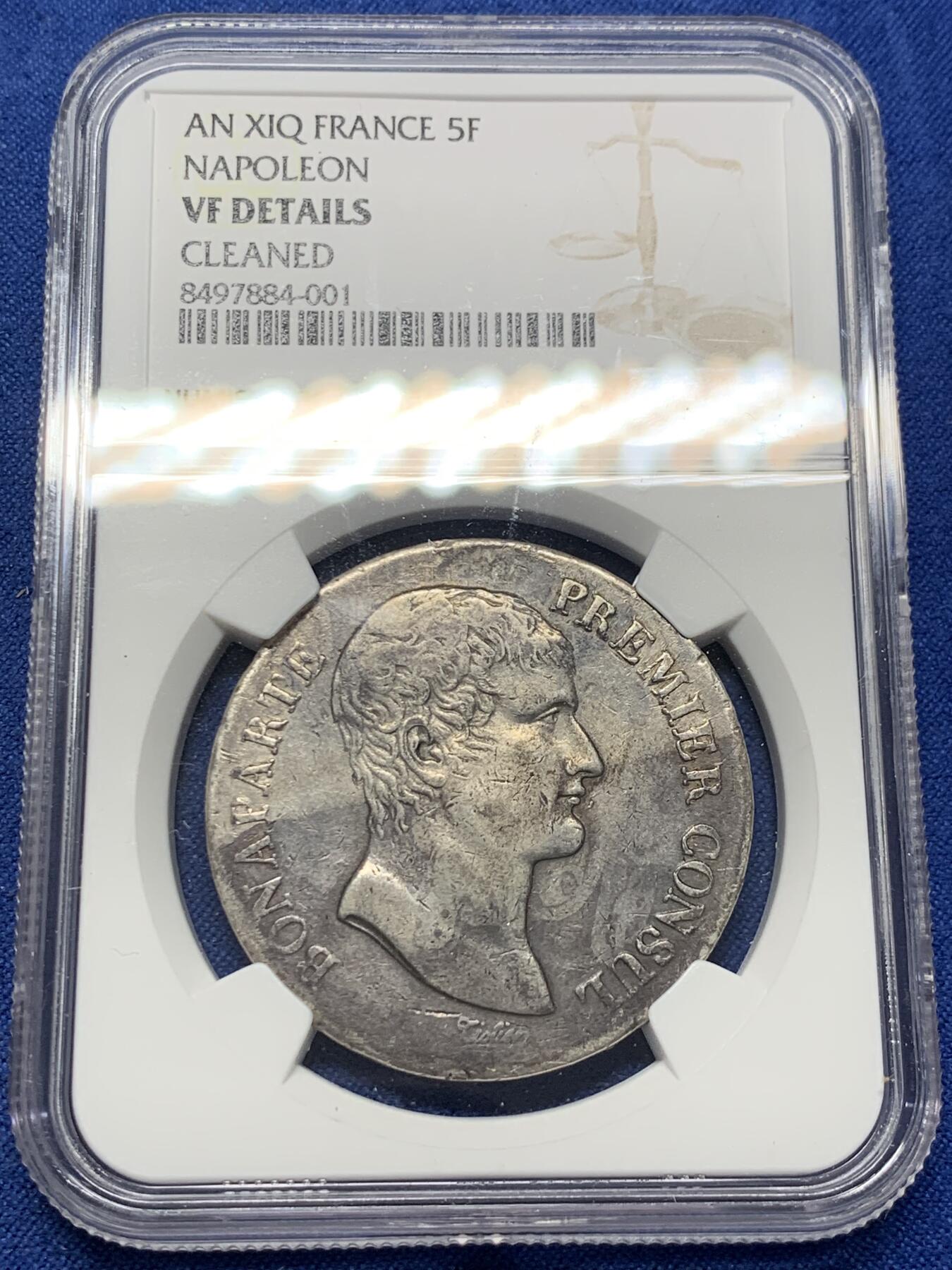 《竞宝斋》第408场 周日，周一，2场连拍 （全场包邮） NGC VF 法国1804年拿破仑执政官5法郎大银币  严重低评，头发丝起码是XF的状态
