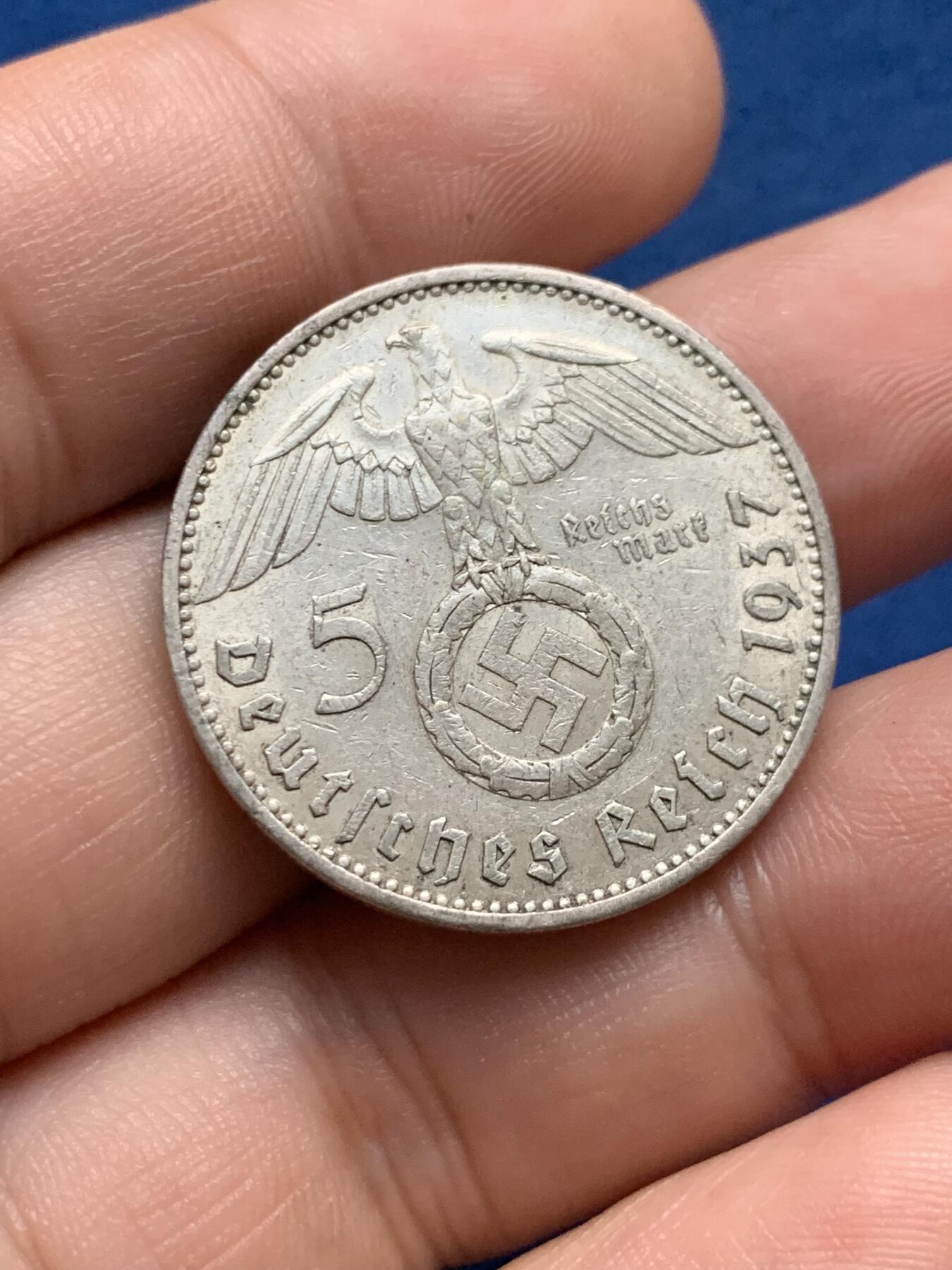 《竞宝斋》第408场 周日，周一，2场连拍 （全场包邮） 德国1937兴登堡5马克 银币