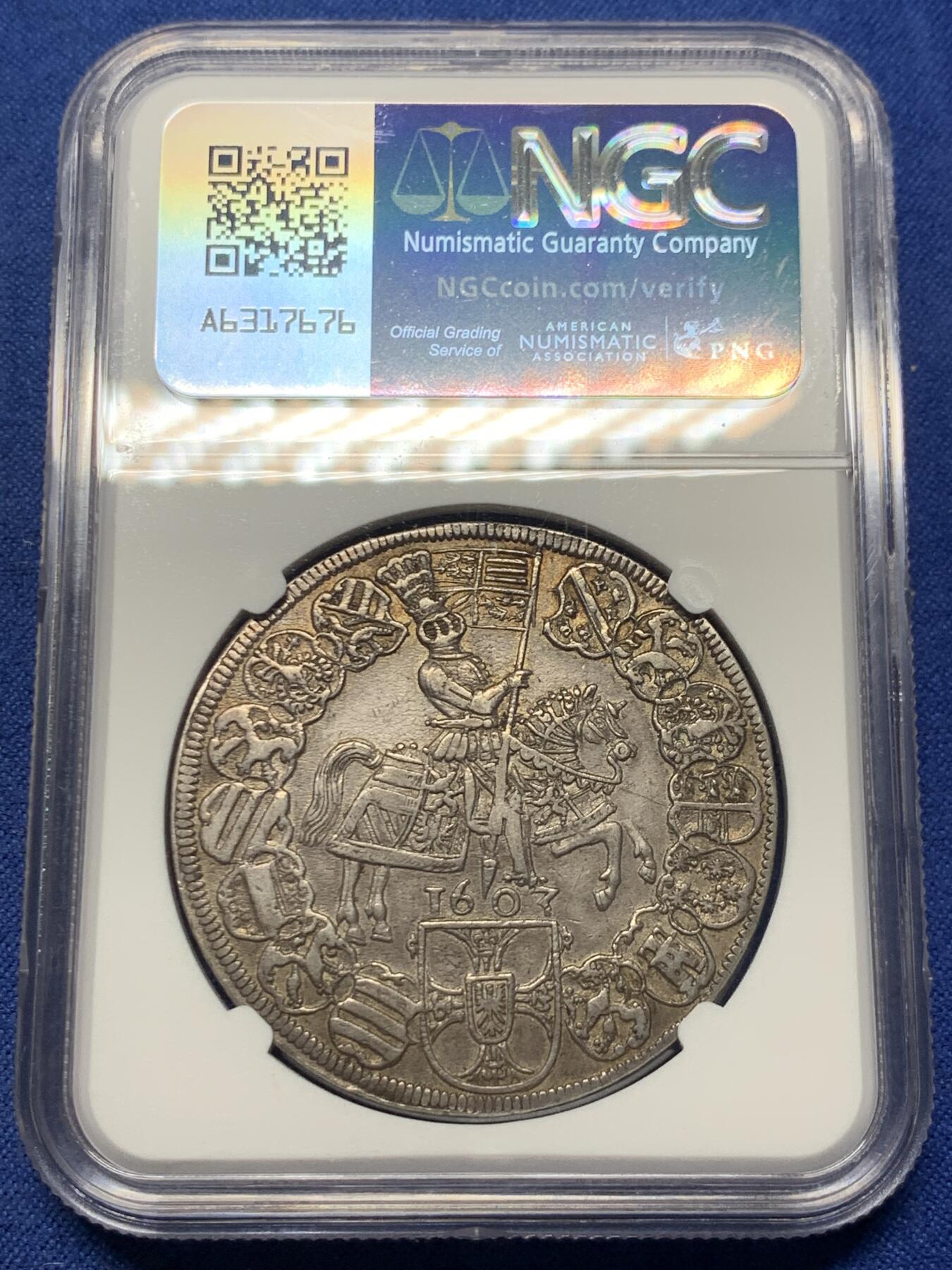 《竞宝斋》第408场 周日，周一，2场连拍 （全场包邮） NGC AU55 德国 1603 条顿骑士团  泰勒大银币 少见原味深打 值得收藏的品种